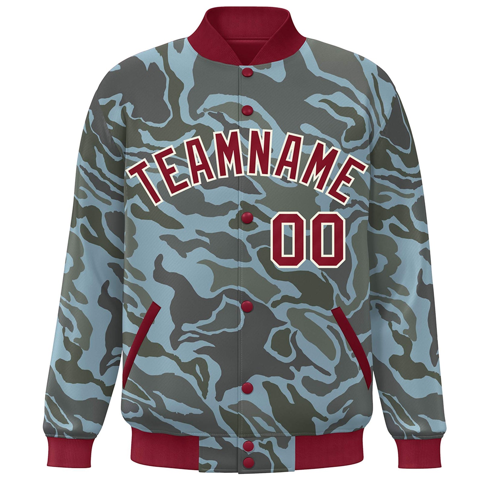 Custom Crimson White Camo Varsity Full-Snap Letterman Bomber Jacket