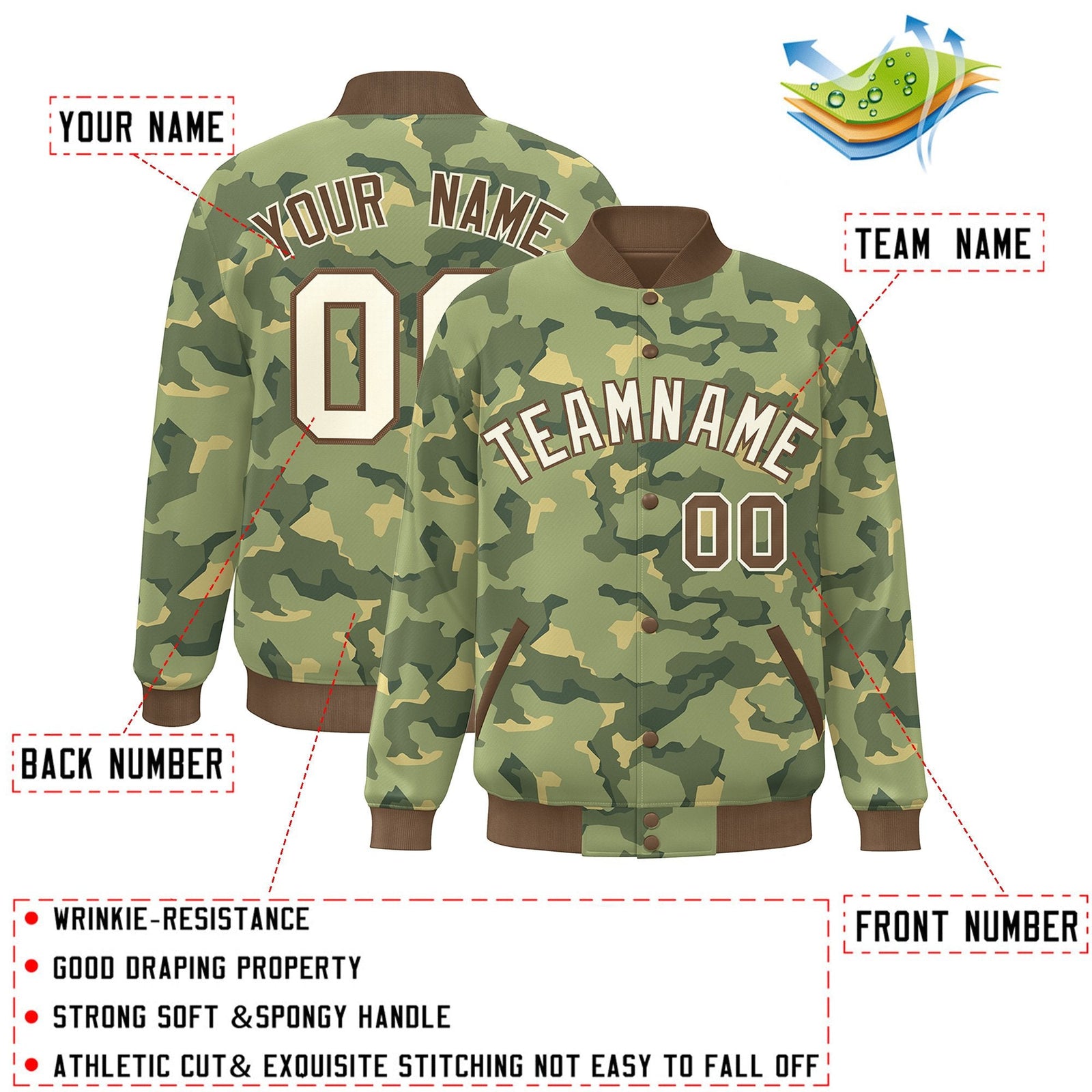 Custom Brown White Camo Varsity Full-Snap Letterman Bomber Jacket