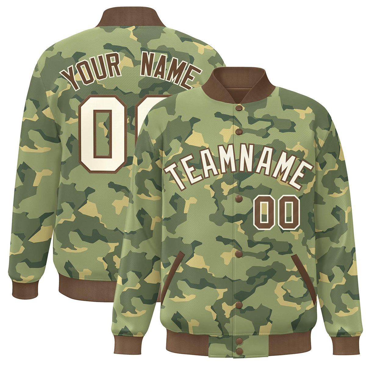Custom Brown White Camo Varsity Full-Snap Letterman Bomber Jacket