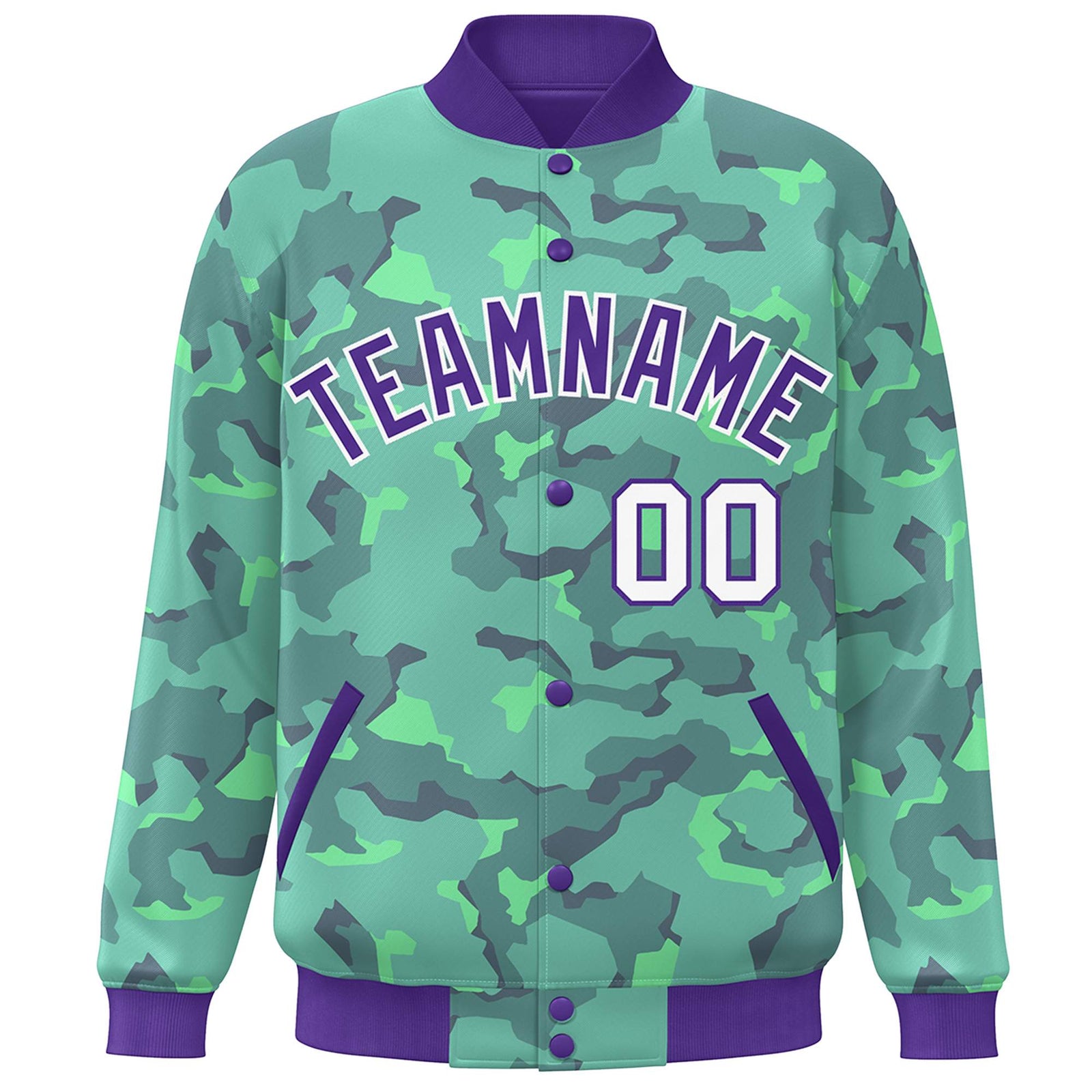 Custom Purple White Camo Varsity Full-Snap Letterman Bomber Jacket