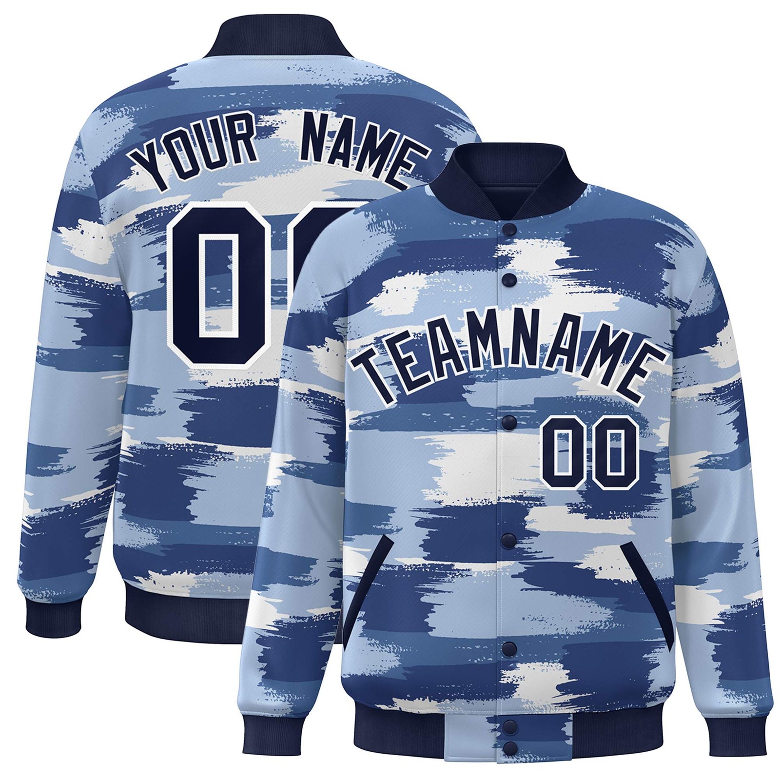 Custom Navy White Camo Varsity Full-Snap Letterman Bomber Jacket