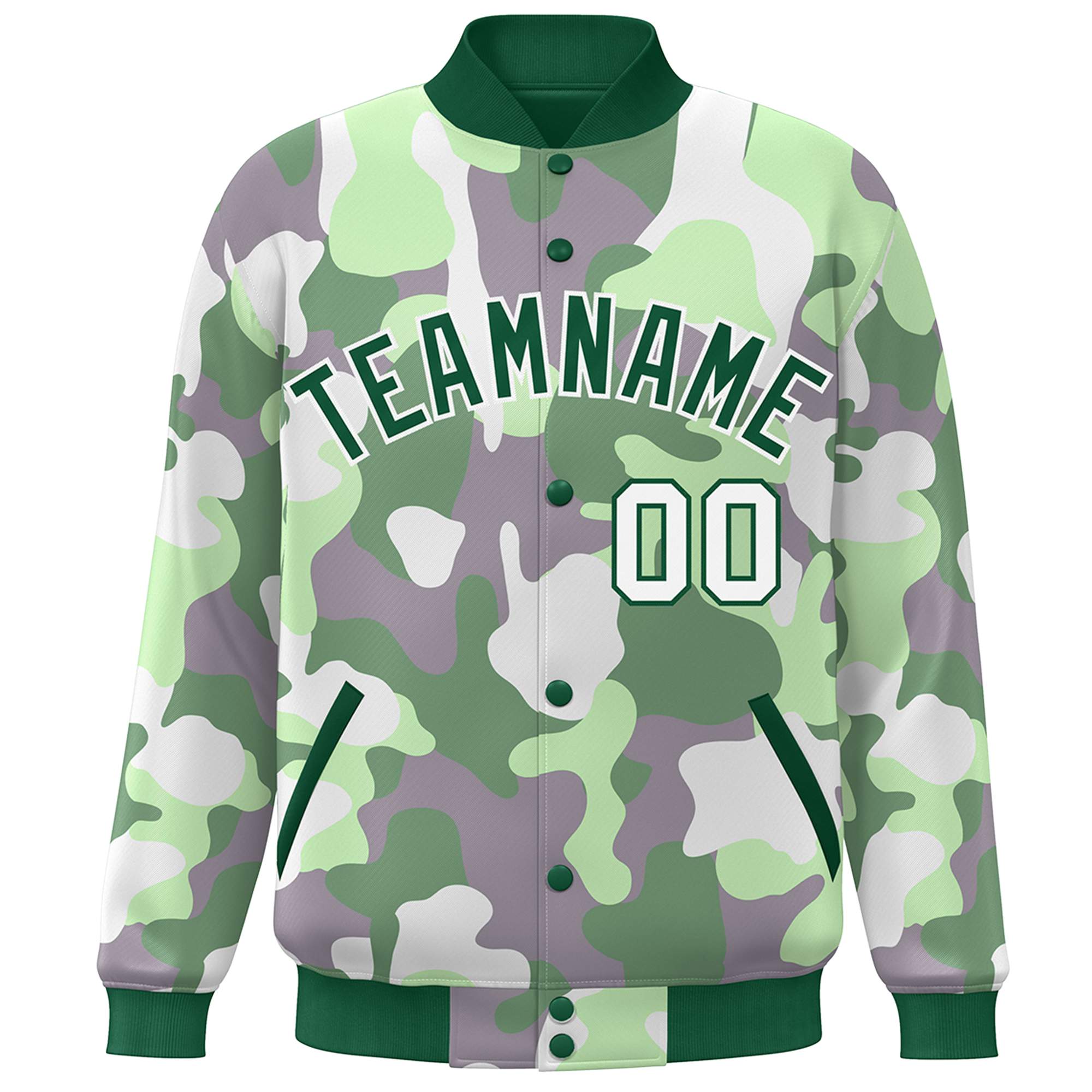 Custom Green White Camo Varsity Full-Snap Letterman Bomber Jacket