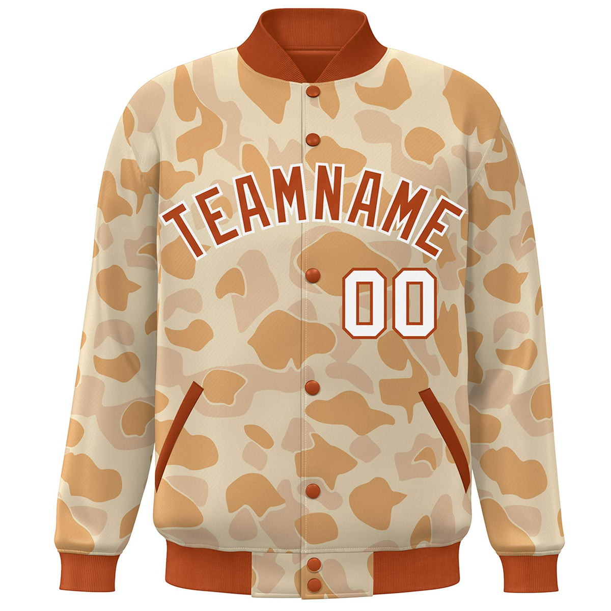 Custom Orange White Camo Varsity Full-Snap Letterman Bomber Jacket