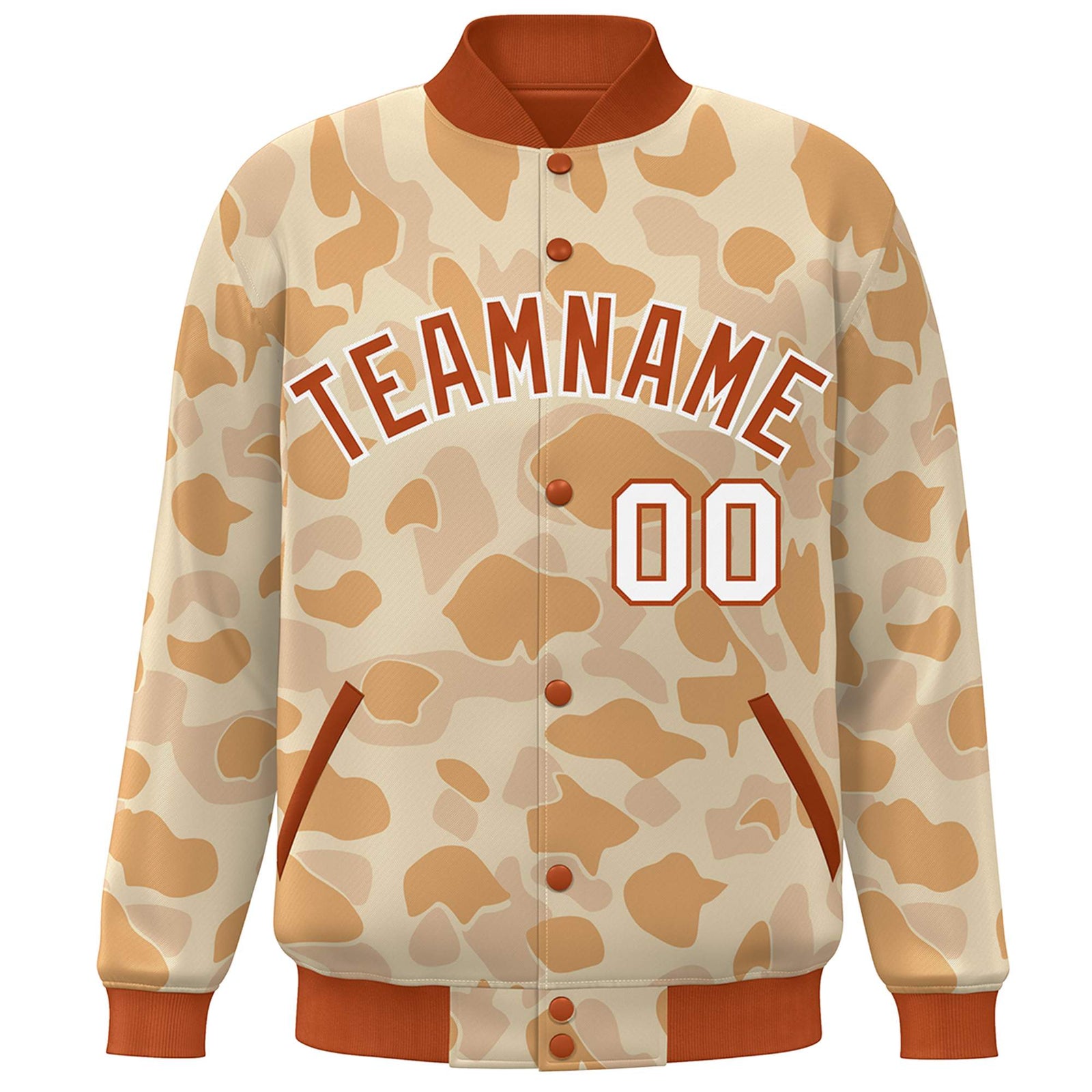 Custom Orange White Camo Varsity Full-Snap Letterman Bomber Jacket