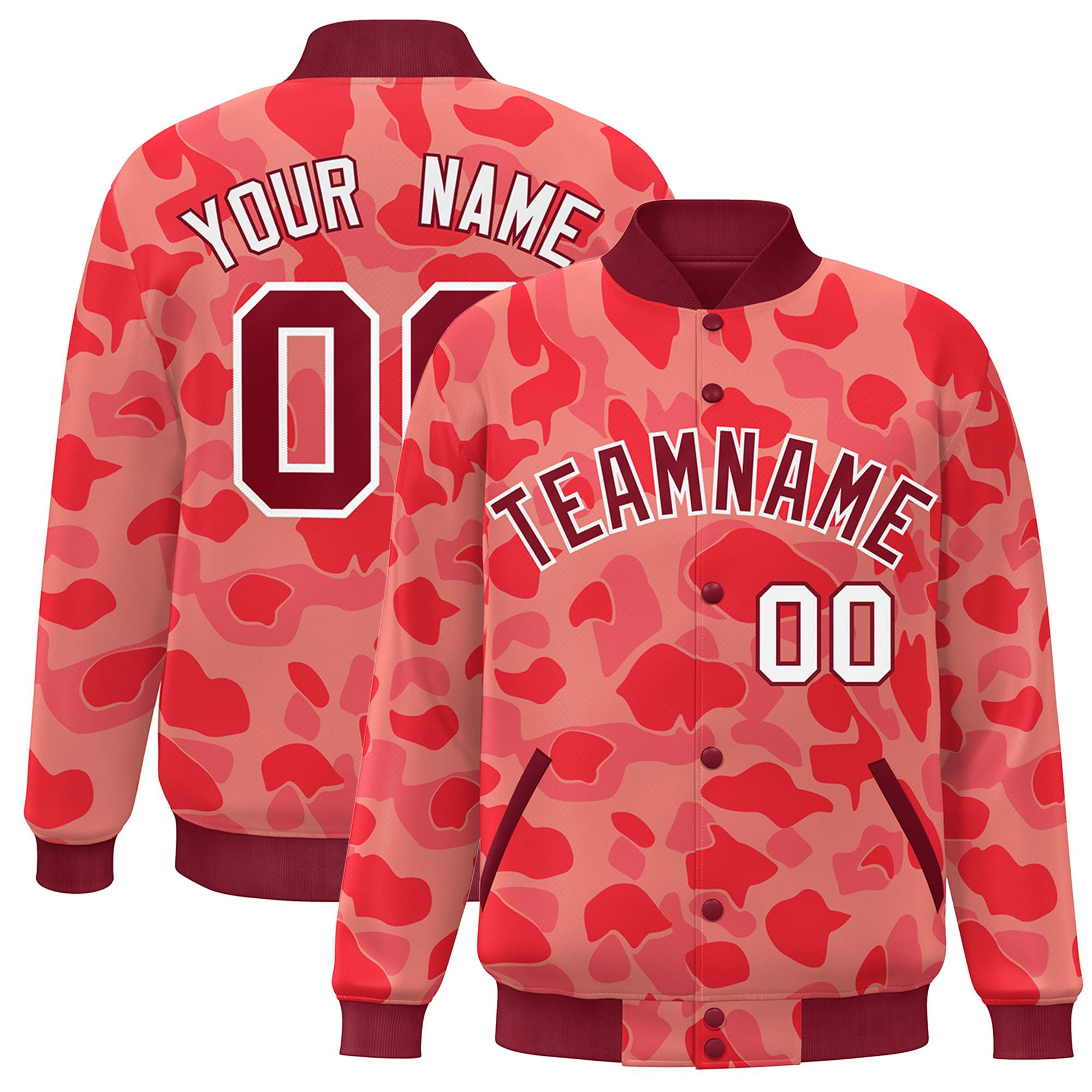 Custom Crimson White Camo Varsity Full-Snap Letterman Bomber Jacket