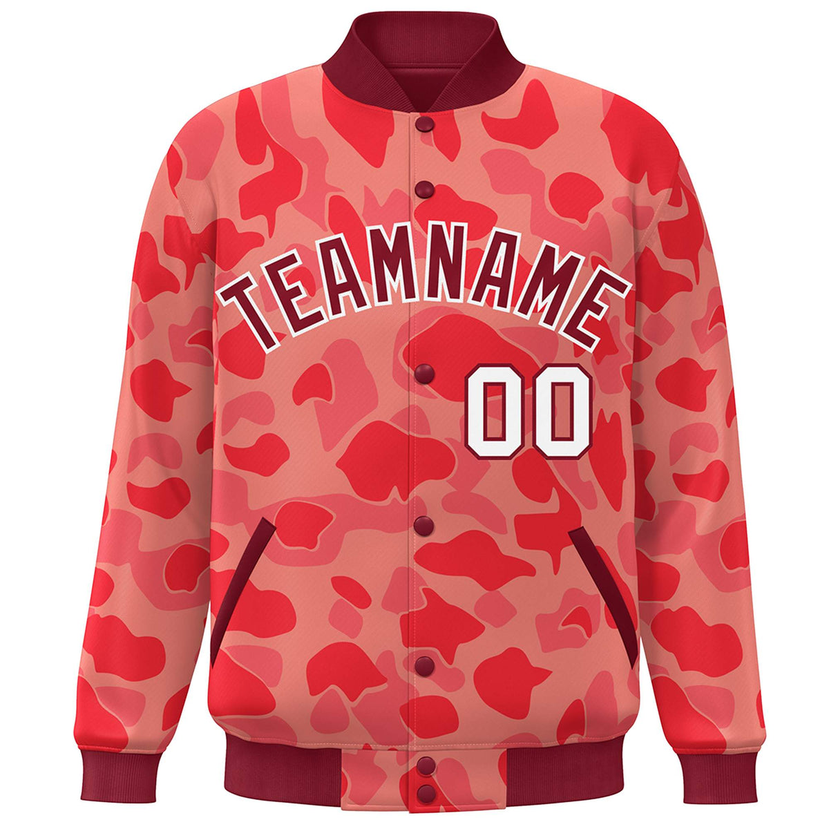 Custom Crimson White Camo Varsity Full-Snap Letterman Bomber Jacket