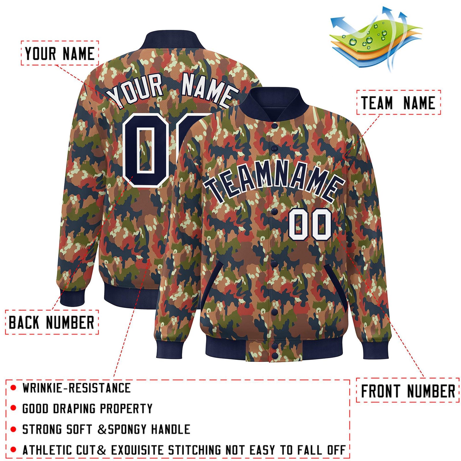 Custom Navy White Camo Varsity Full-Snap Letterman Bomber Jacket