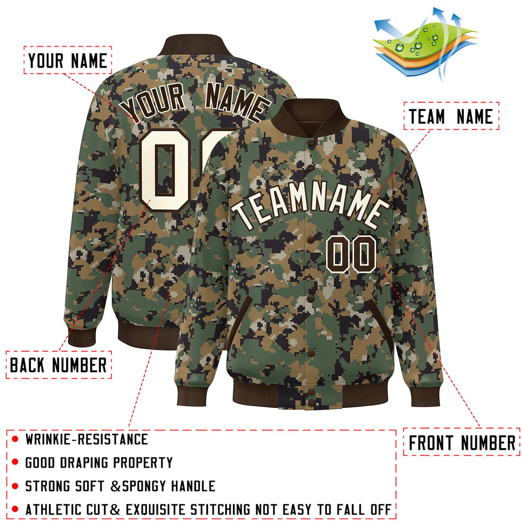 Custom Brown Cream Camo Varsity Full-Snap Letterman Bomber Jacket