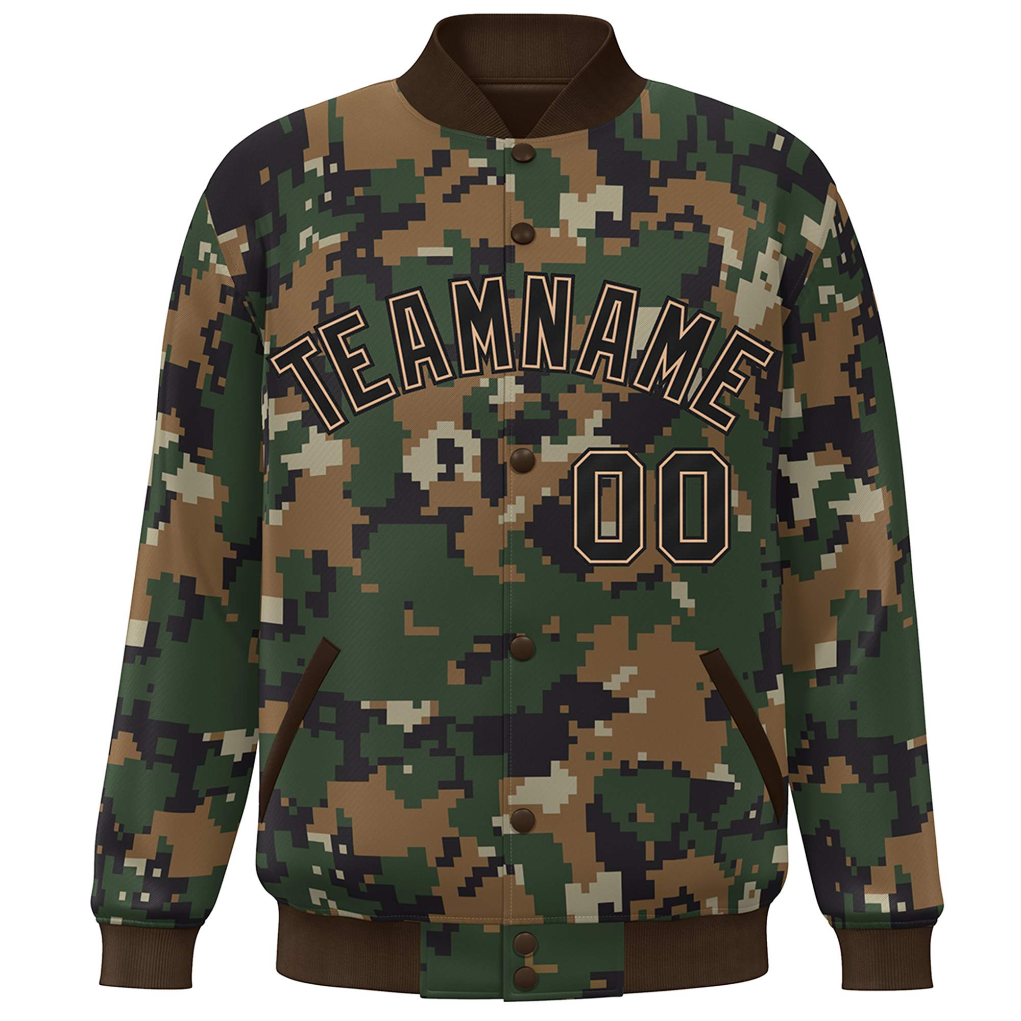 Custom Brown Black Camo Varsity Full-Snap Letterman Bomber Jacket