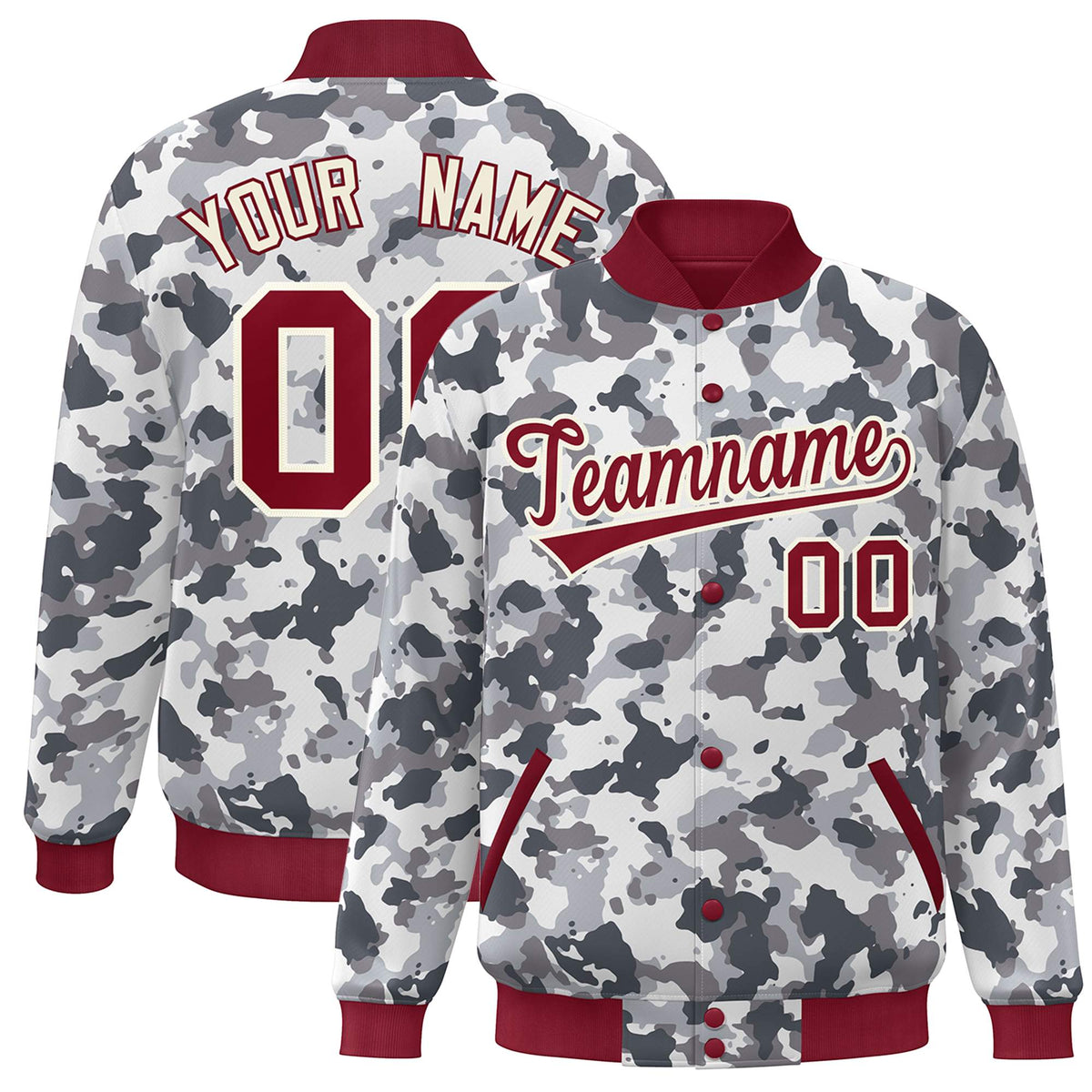 Custom Crimson White Camo Varsity Full-Snap Letterman Bomber Jacket