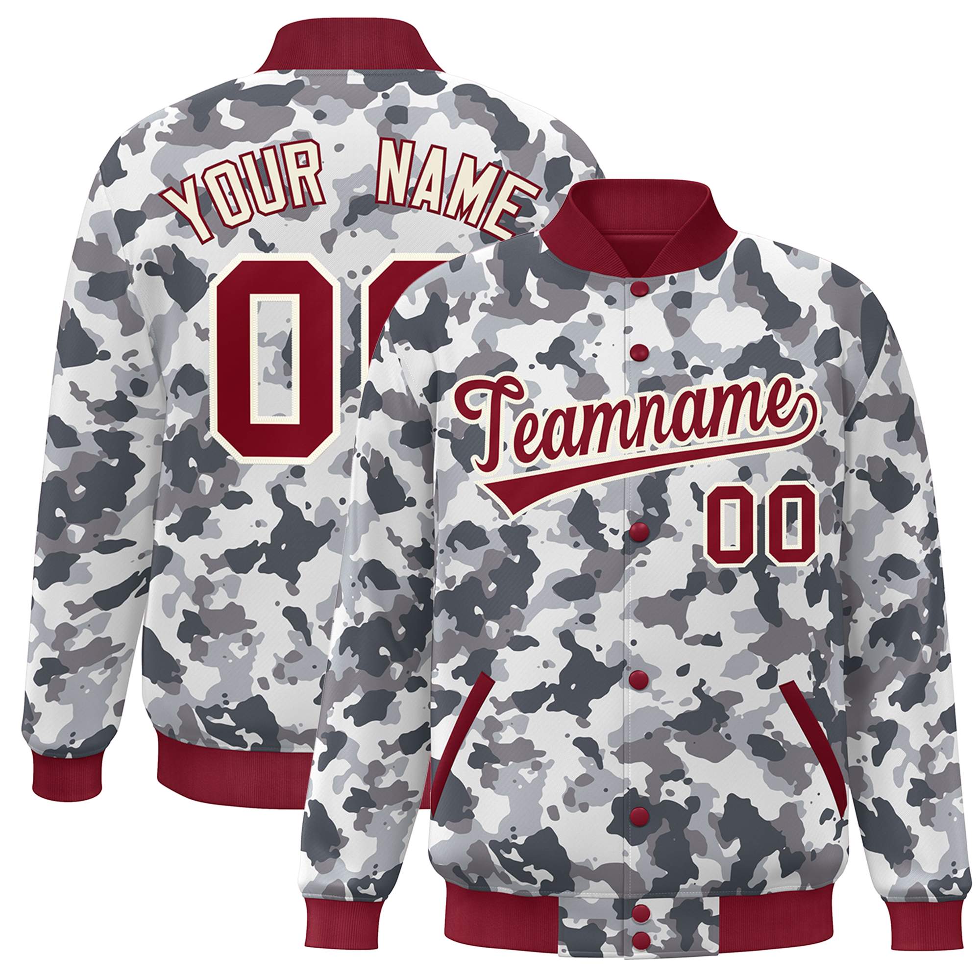 Custom Crimson White Camo Varsity Full-Snap Letterman Bomber Jacket