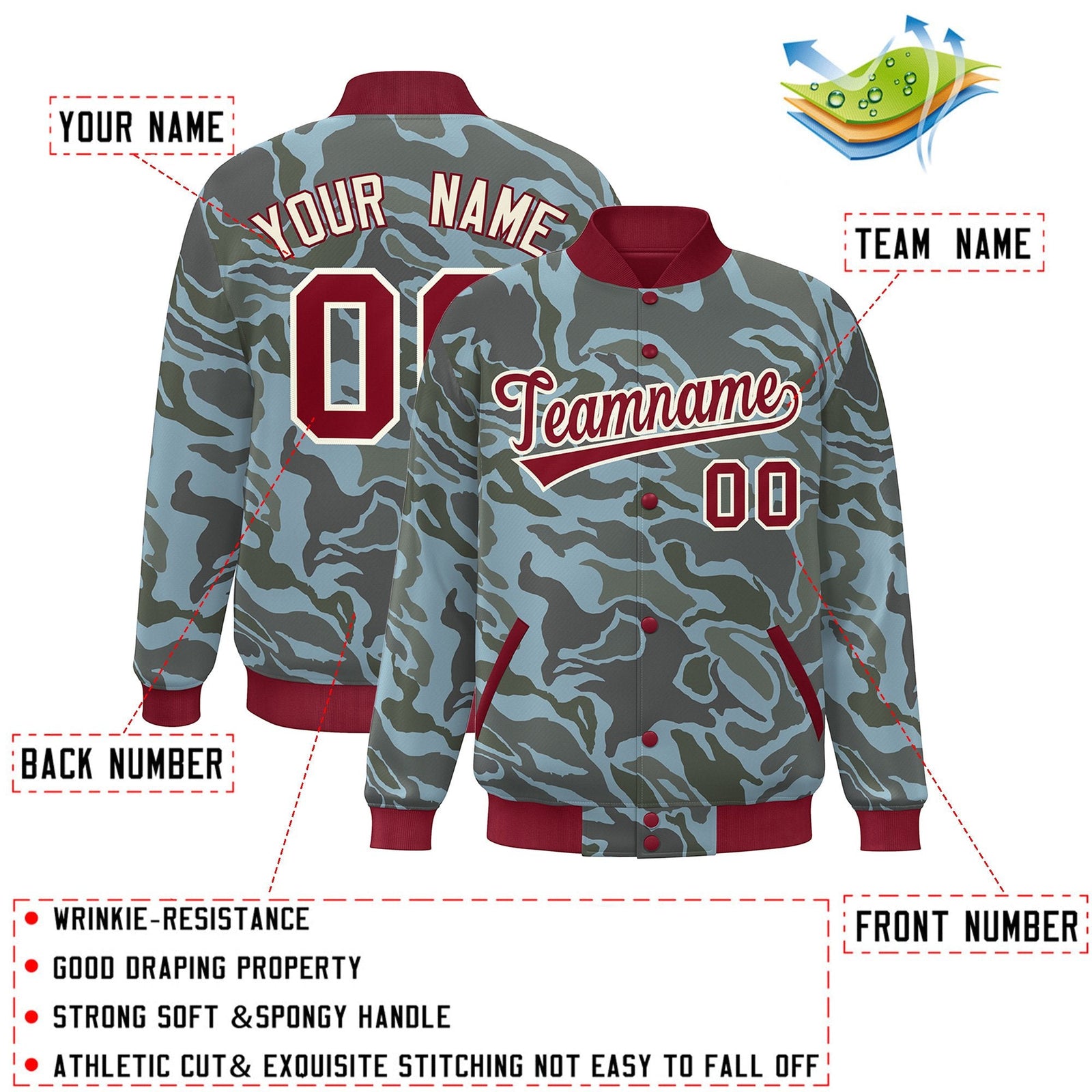 Custom Crimson White Camo Varsity Full-Snap Letterman Bomber Jacket