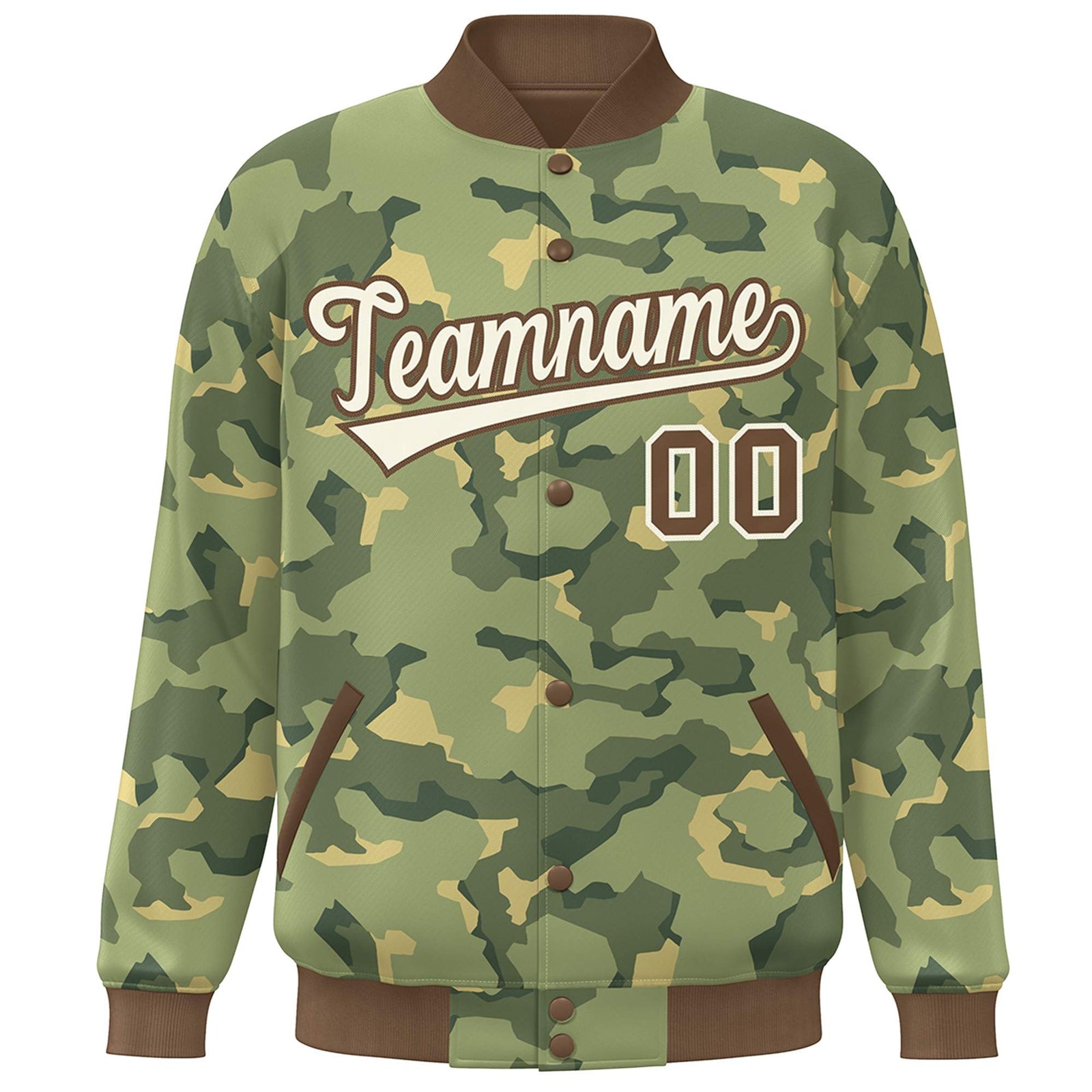 Custom Brown White Camo Varsity Full-Snap Letterman Bomber Jacket
