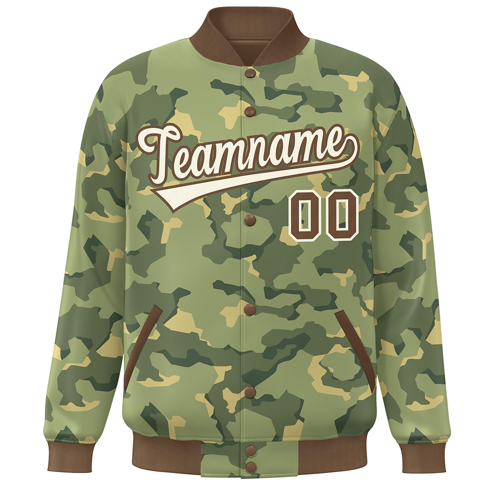 Custom Brown White Camo Varsity Full-Snap Letterman Bomber Jacket