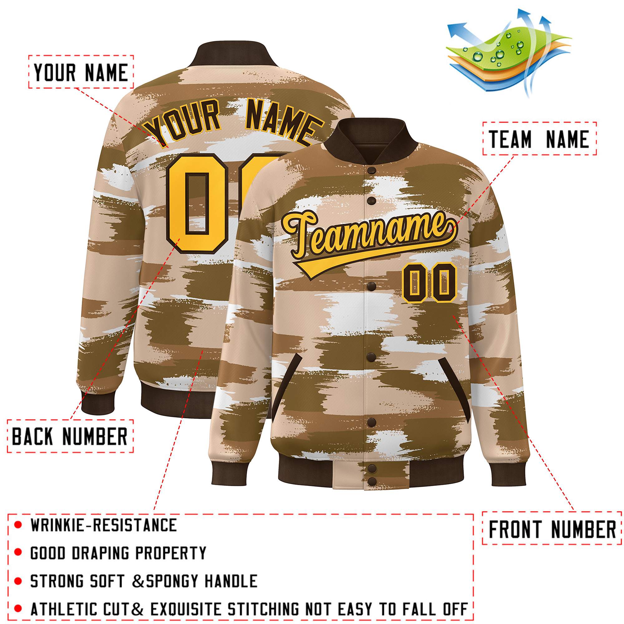Custom Brown Gold Camo Varsity Full-Snap Letterman Bomber Jacket