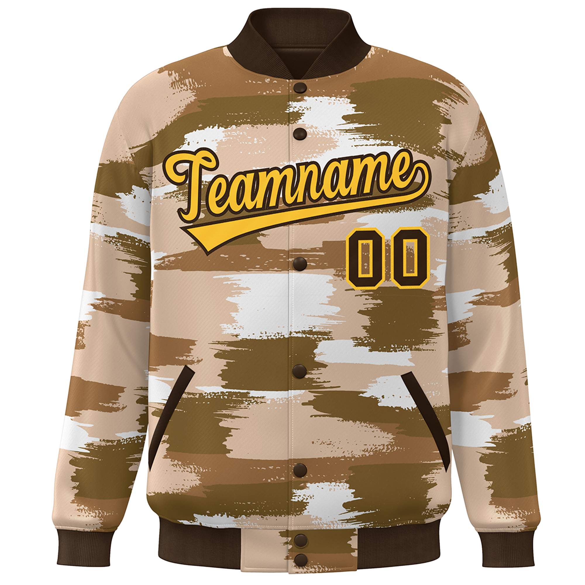 Custom Brown Gold Camo Varsity Full-Snap Letterman Bomber Jacket