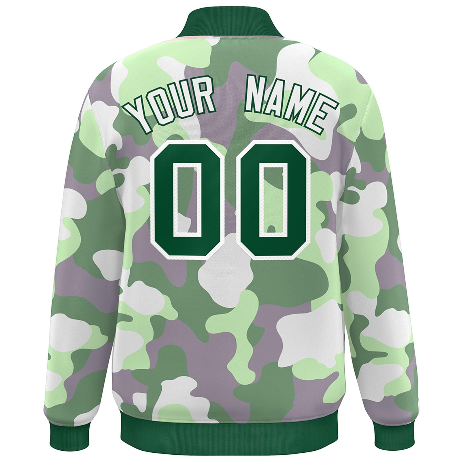 Custom Green White Camo Varsity Full-Snap Letterman Bomber Jacket