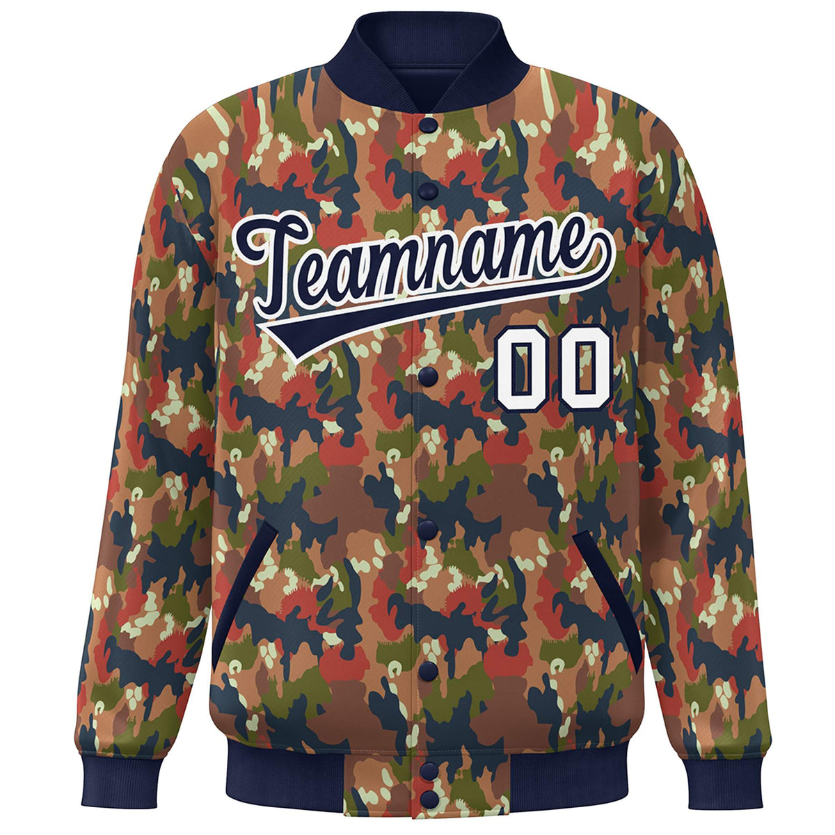 Custom Navy White Camo Varsity Full-Snap Letterman Bomber Jacket