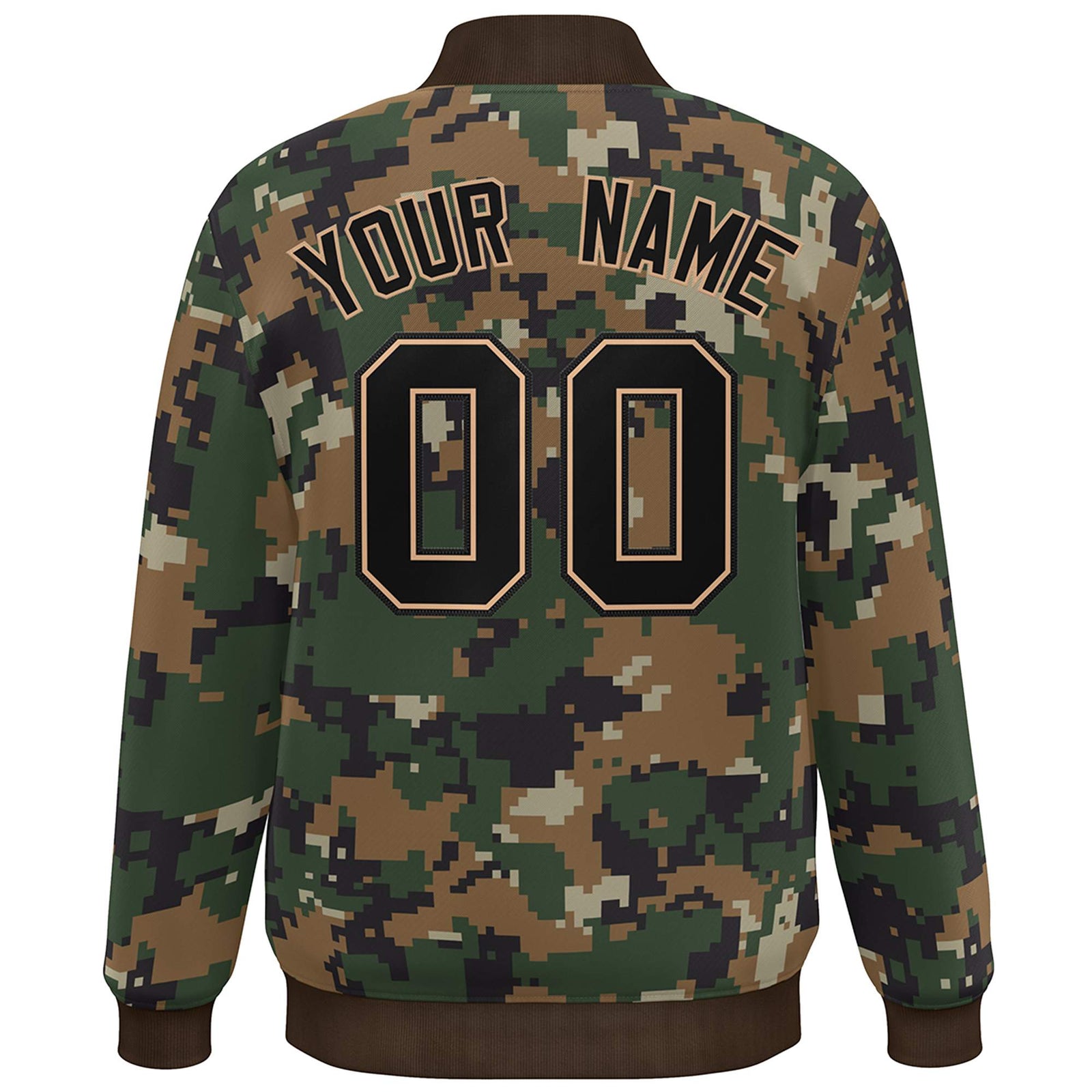Custom Brown Black Camo Varsity Full-Snap Letterman Bomber Jacket