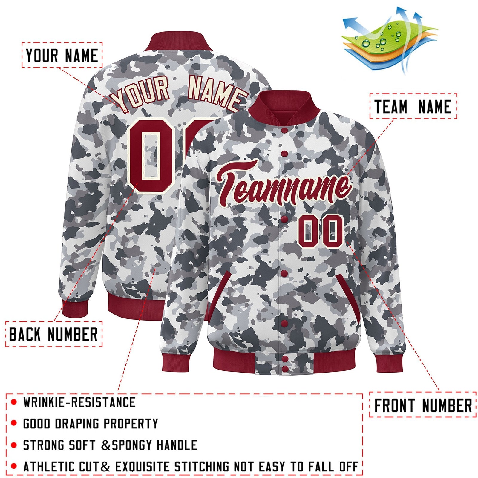 Custom Crimson White Camo Varsity Full-Snap Letterman Bomber Jacket