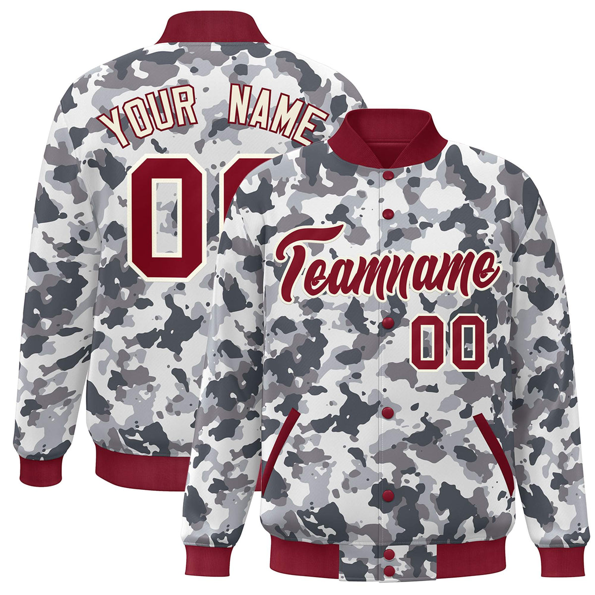 Custom Crimson White Camo Varsity Full-Snap Letterman Bomber Jacket