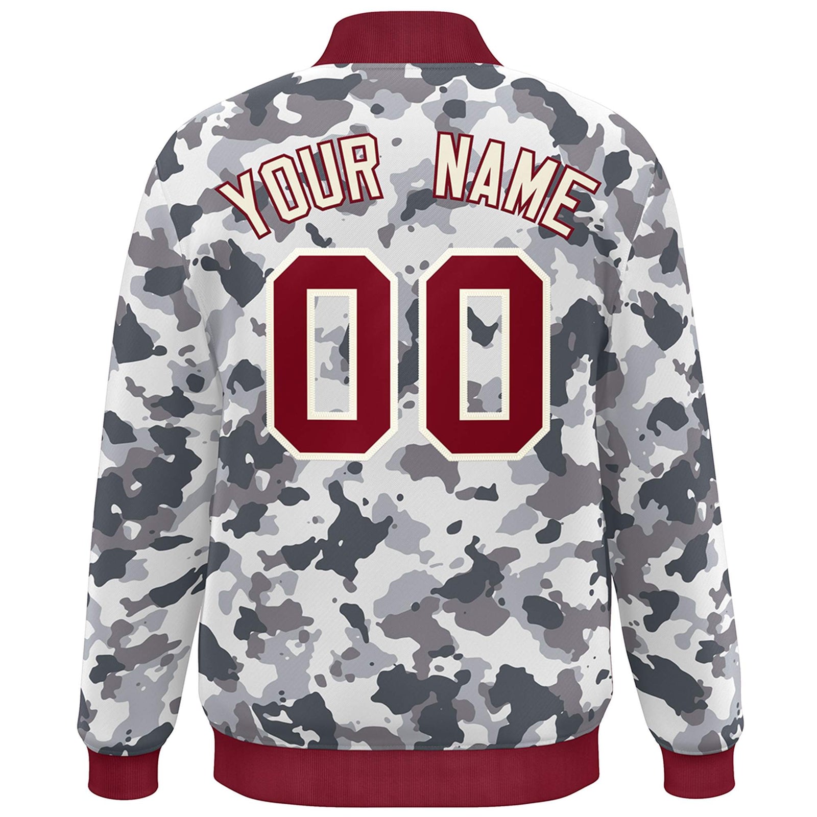 Custom Crimson White Camo Varsity Full-Snap Letterman Bomber Jacket