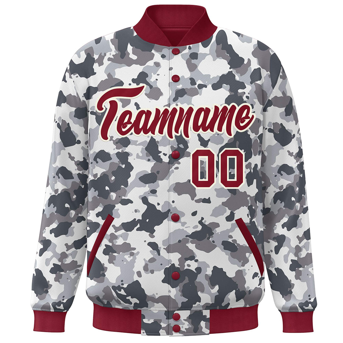 Custom Crimson White Camo Varsity Full-Snap Letterman Bomber Jacket