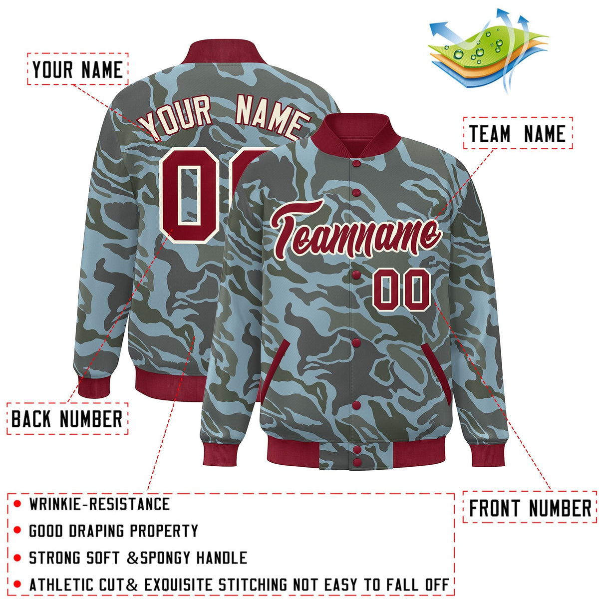 Custom Crimson White Camo Varsity Full-Snap Letterman Bomber Jacket