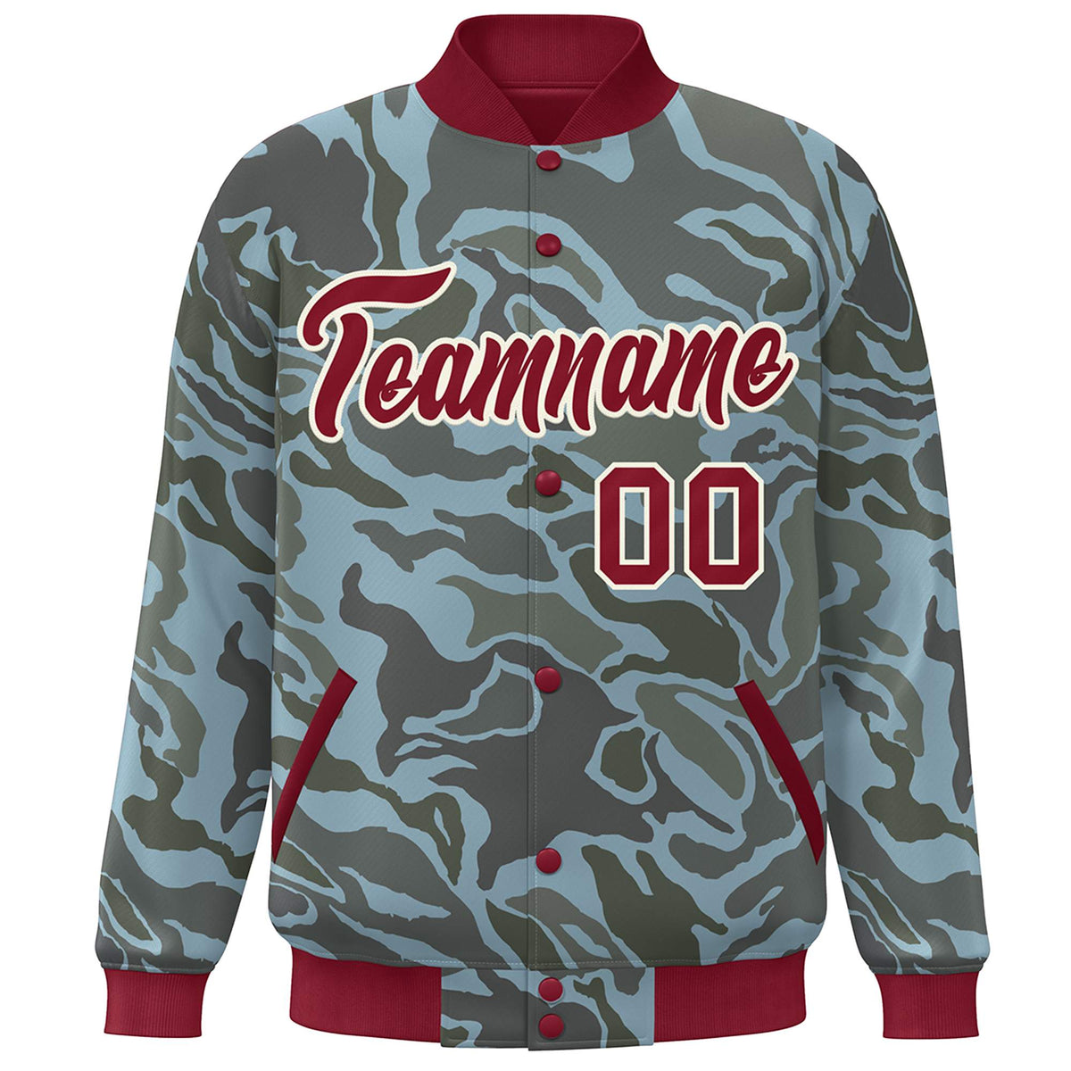 Custom Crimson White Camo Varsity Full-Snap Letterman Bomber Jacket