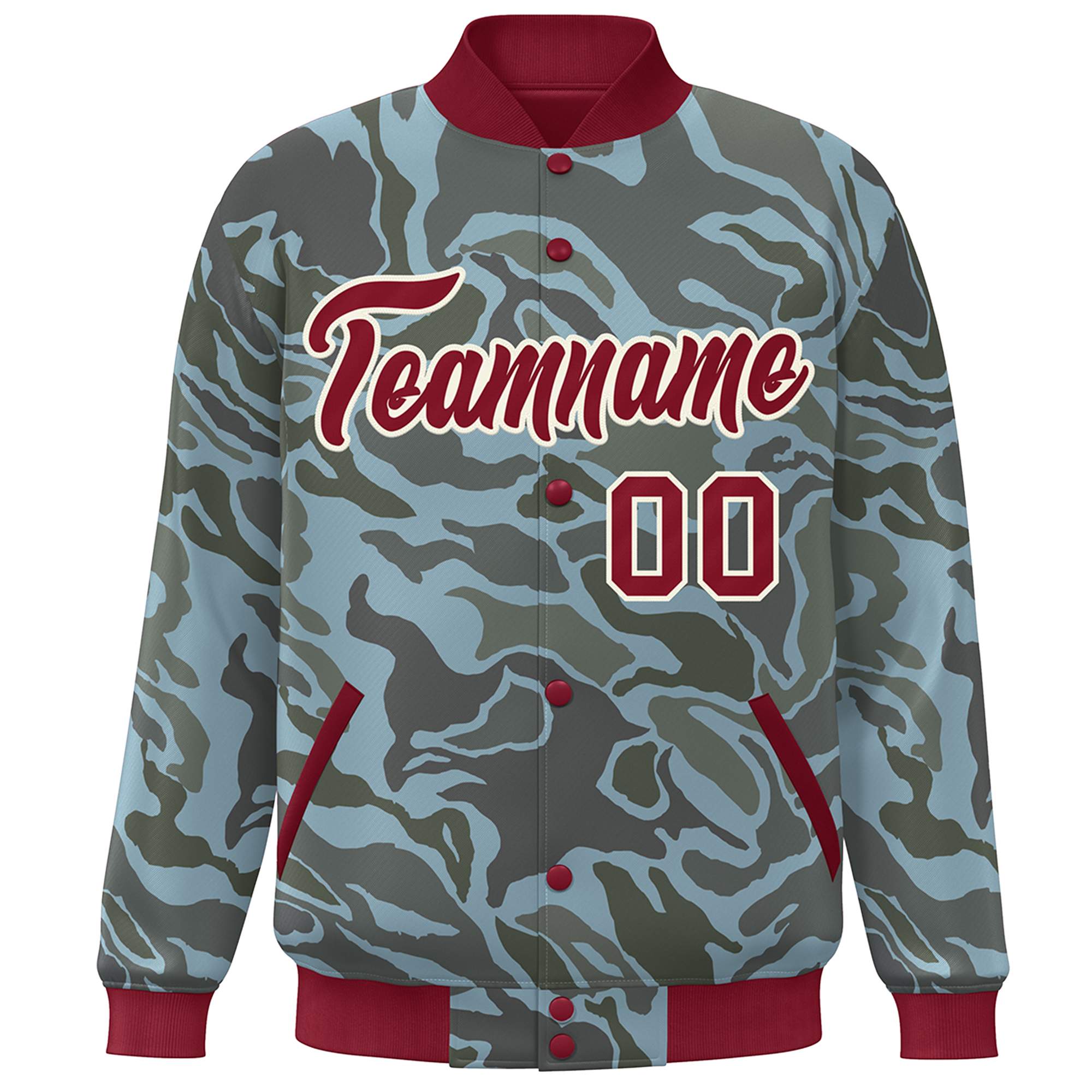 Custom Crimson White Camo Varsity Full-Snap Letterman Bomber Jacket