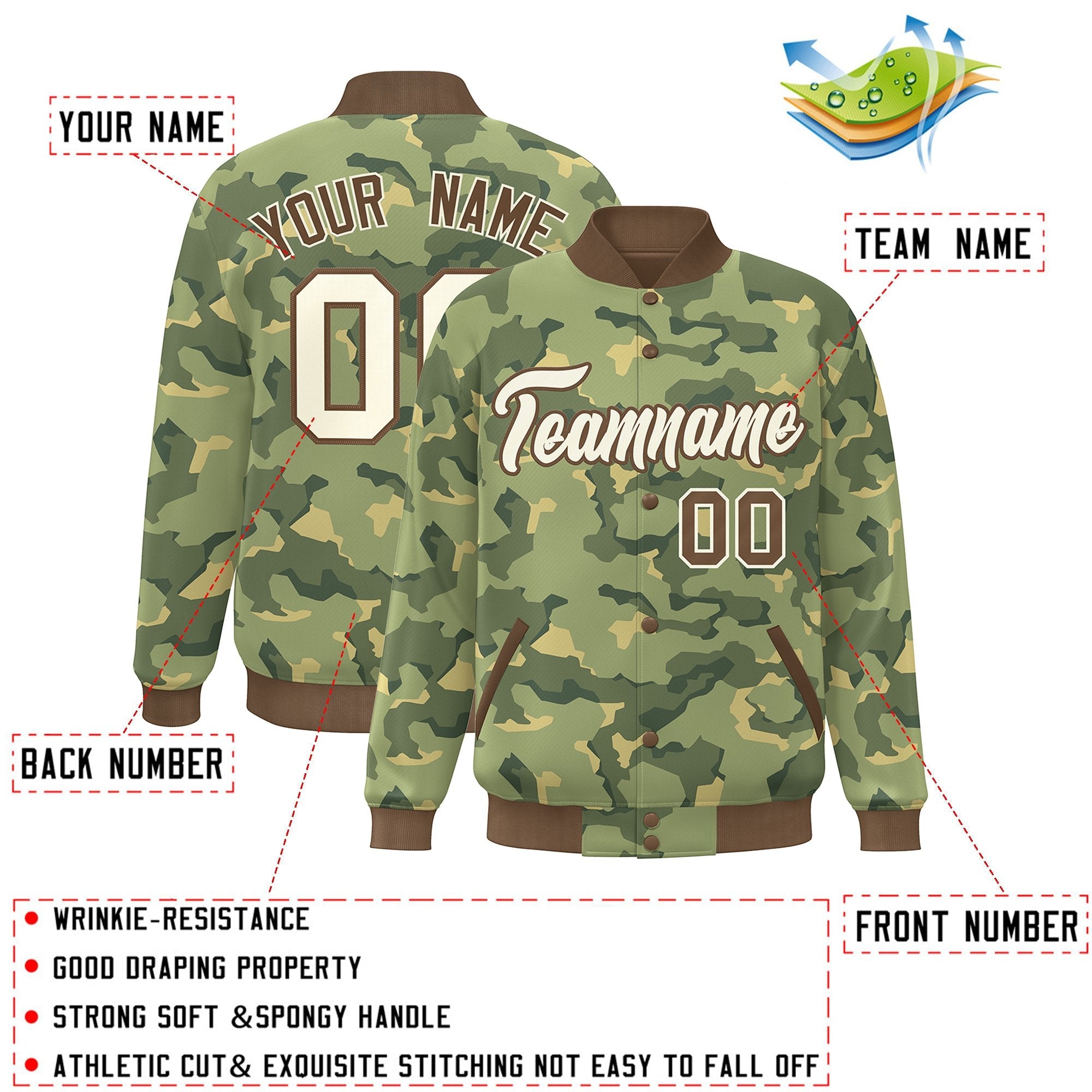 Custom Brown White Camo Varsity Full-Snap Letterman Bomber Jacket