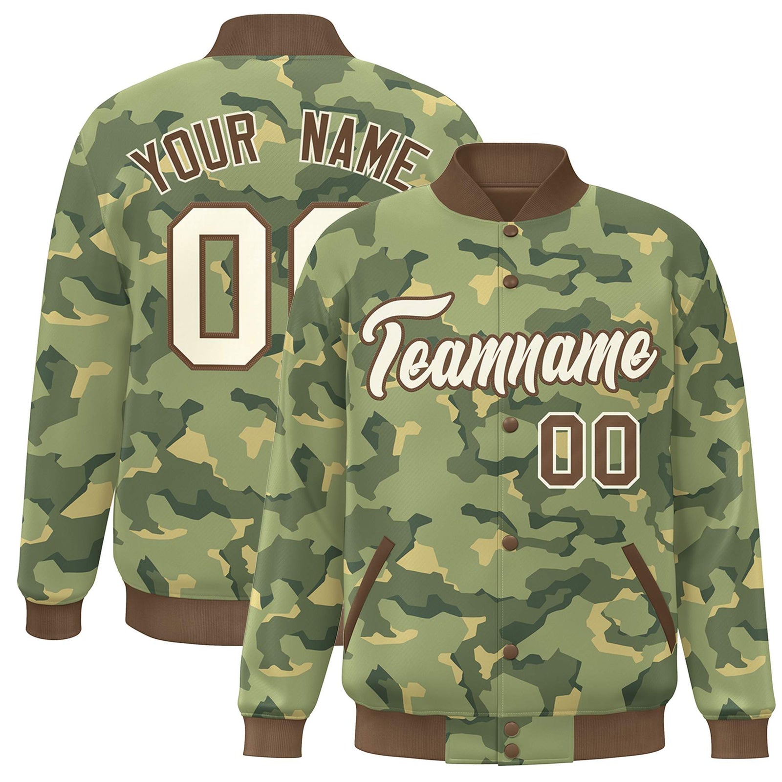 Custom Brown White Camo Varsity Full-Snap Letterman Bomber Jacket
