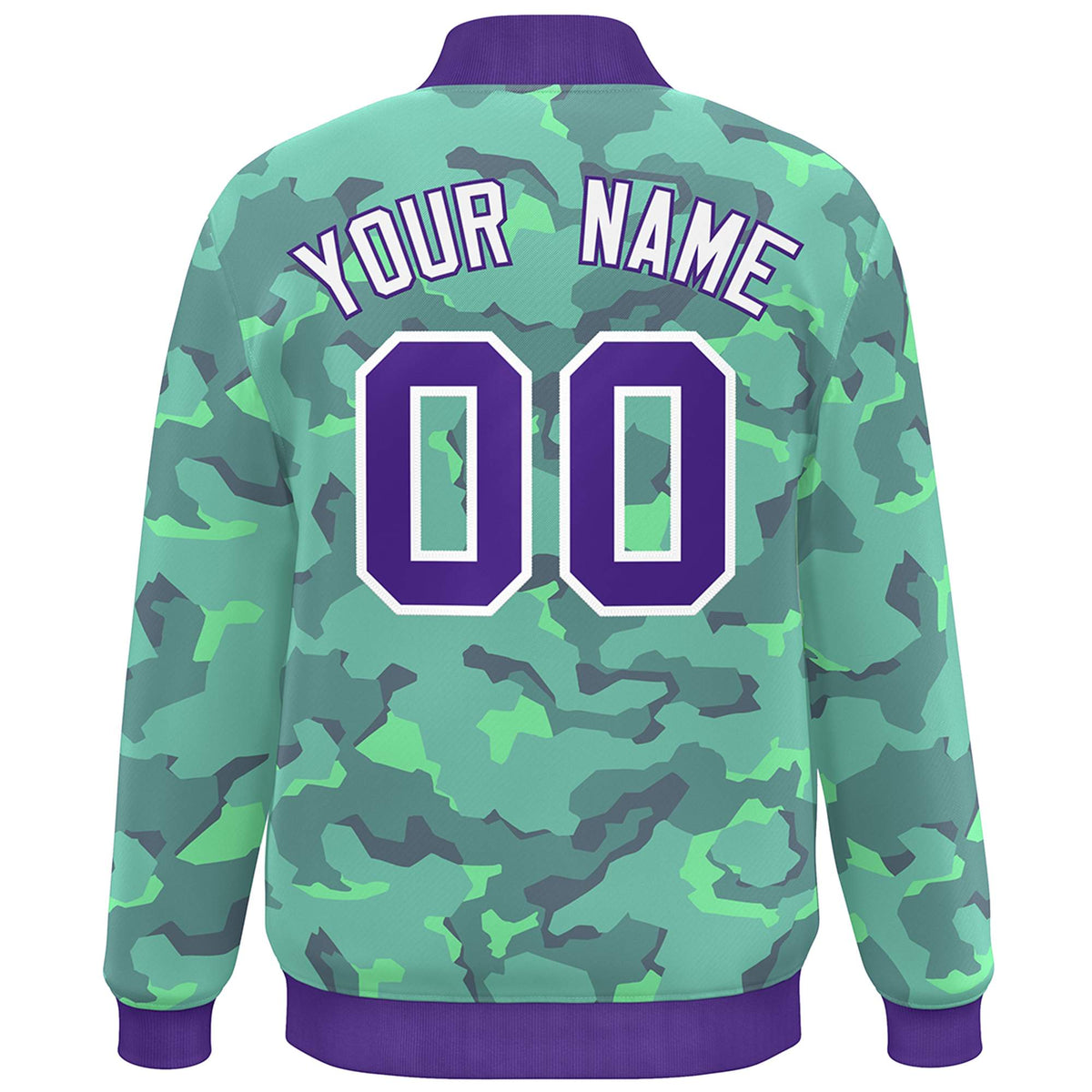 Custom Purple White Camo Varsity Full-Snap Letterman Bomber Jacket