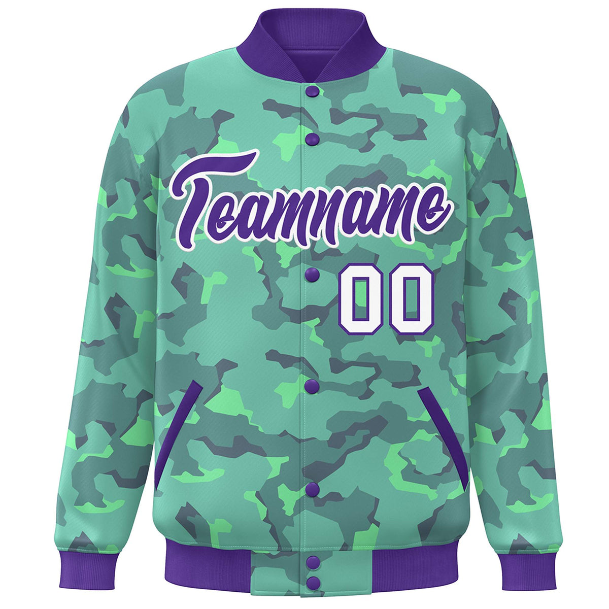 Custom Purple White Camo Varsity Full-Snap Letterman Bomber Jacket