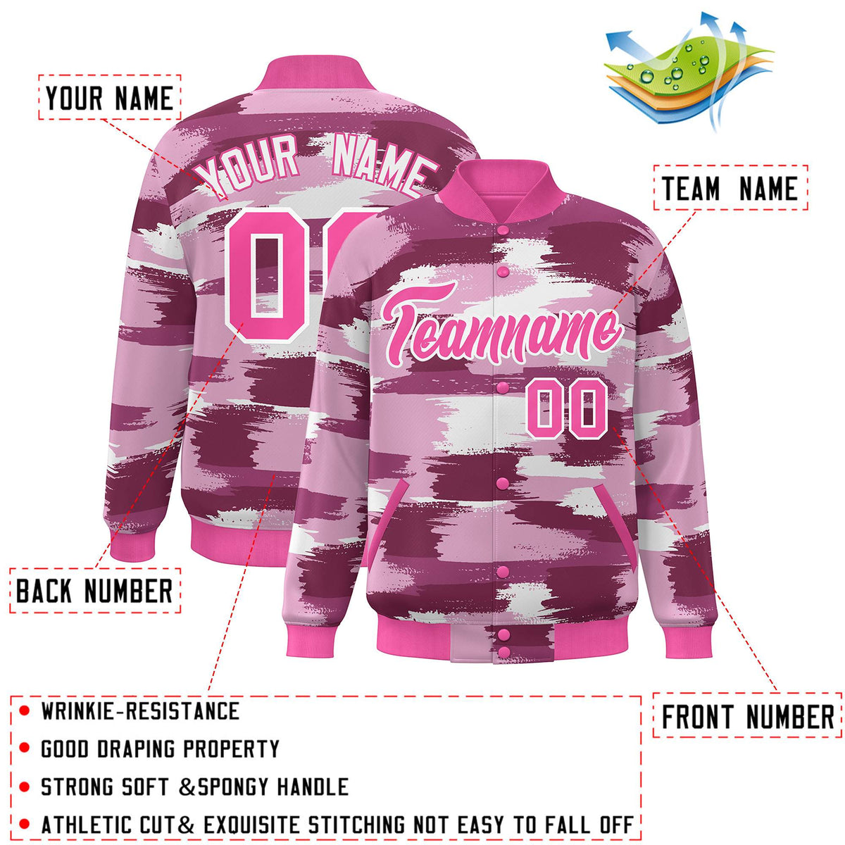 Custom Pink White Camo Varsity Full-Snap Letterman Bomber Jacket