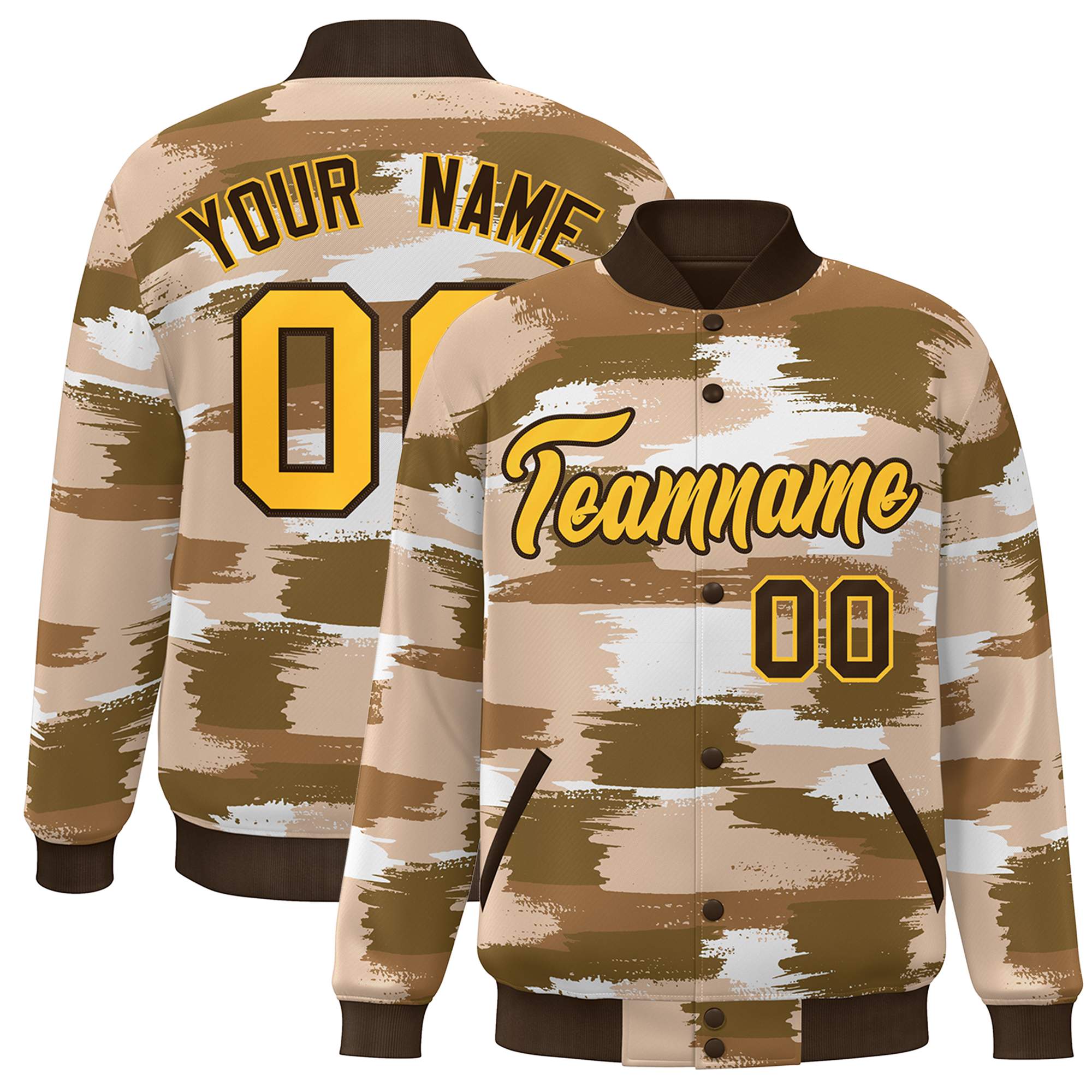 Custom Brown Gold Camo Varsity Full-Snap Letterman Bomber Jacket