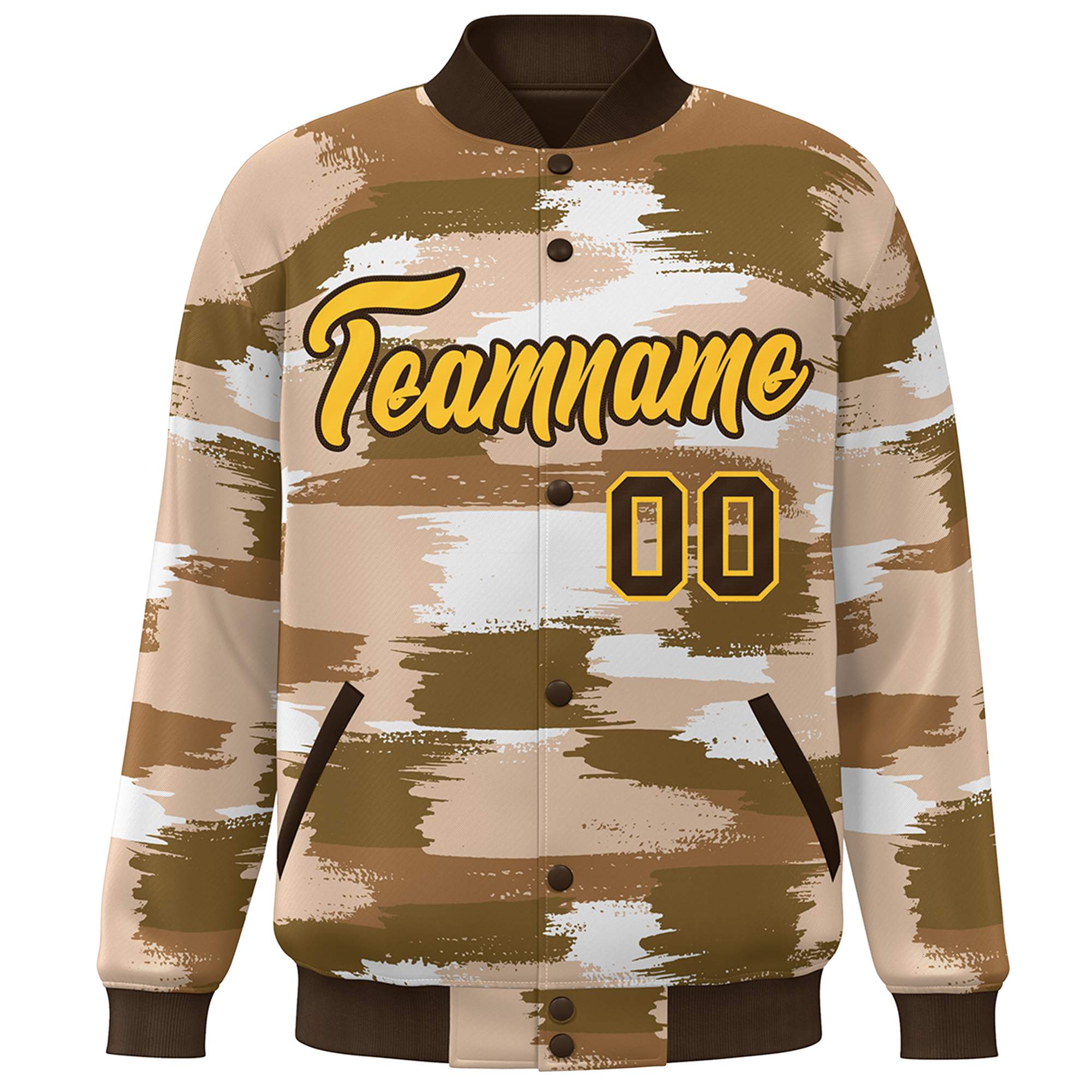 Custom Brown Gold Camo Varsity Full-Snap Letterman Bomber Jacket
