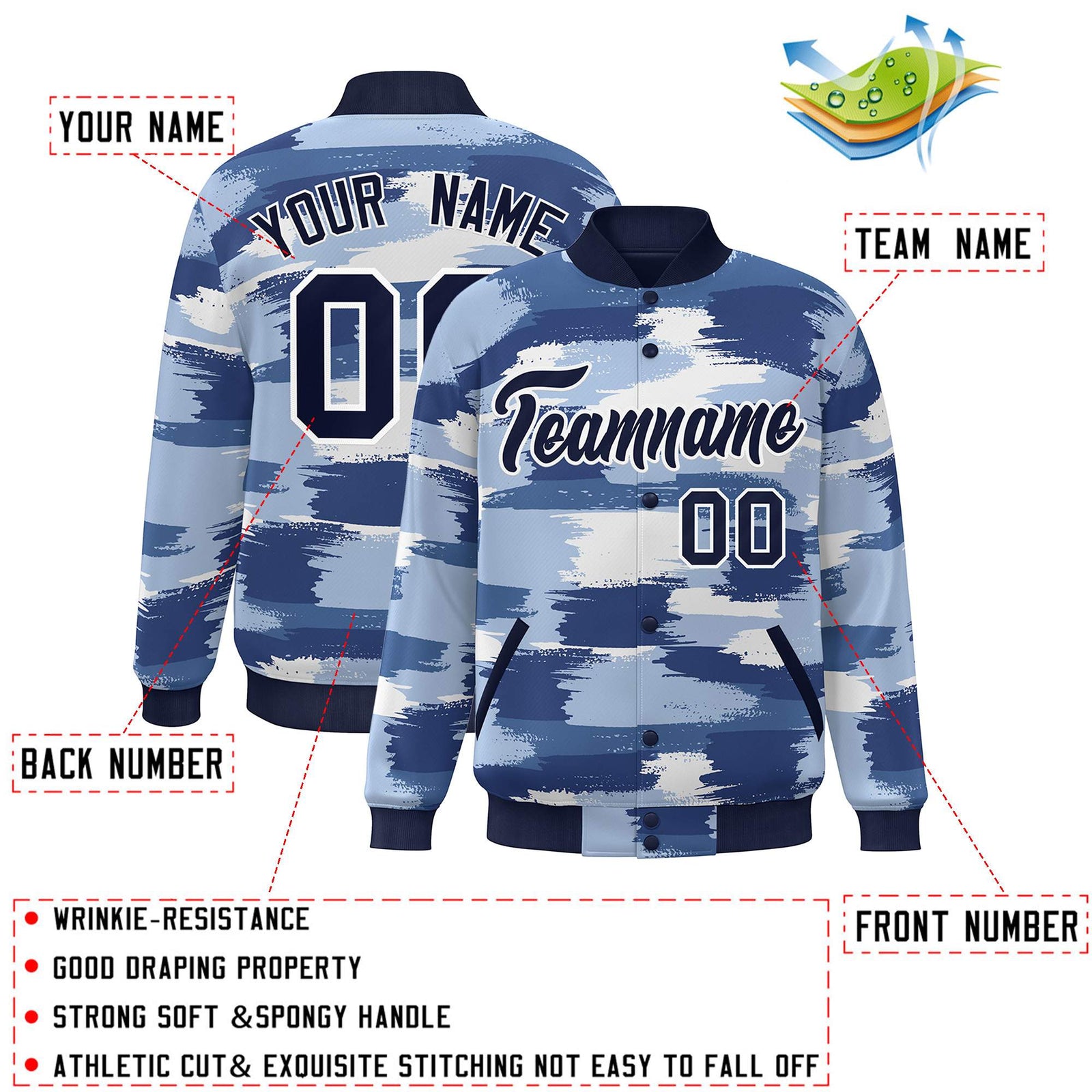 Custom Navy White Camo Varsity Full-Snap Letterman Bomber Jacket