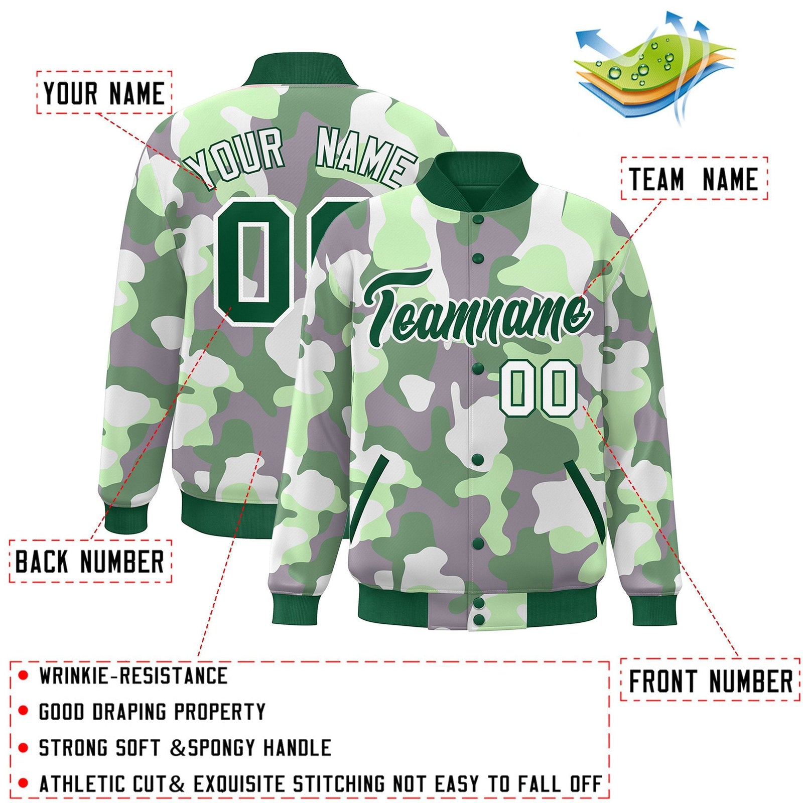 Custom Green White Camo Varsity Full-Snap Letterman Bomber Jacket