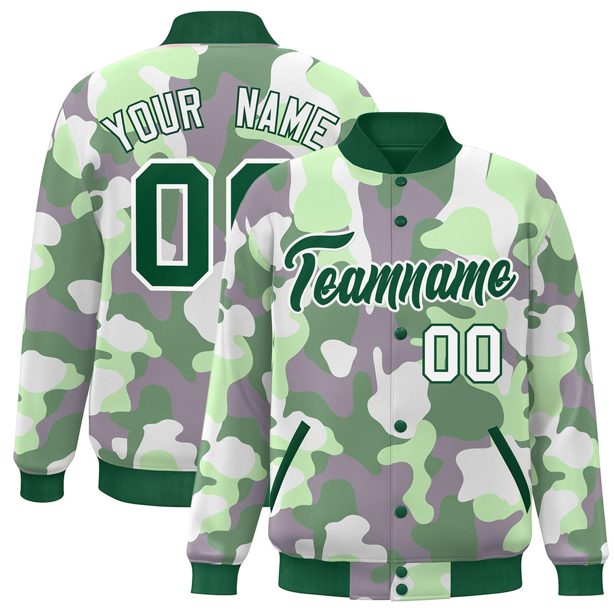 Custom Green White Camo Varsity Full-Snap Letterman Bomber Jacket