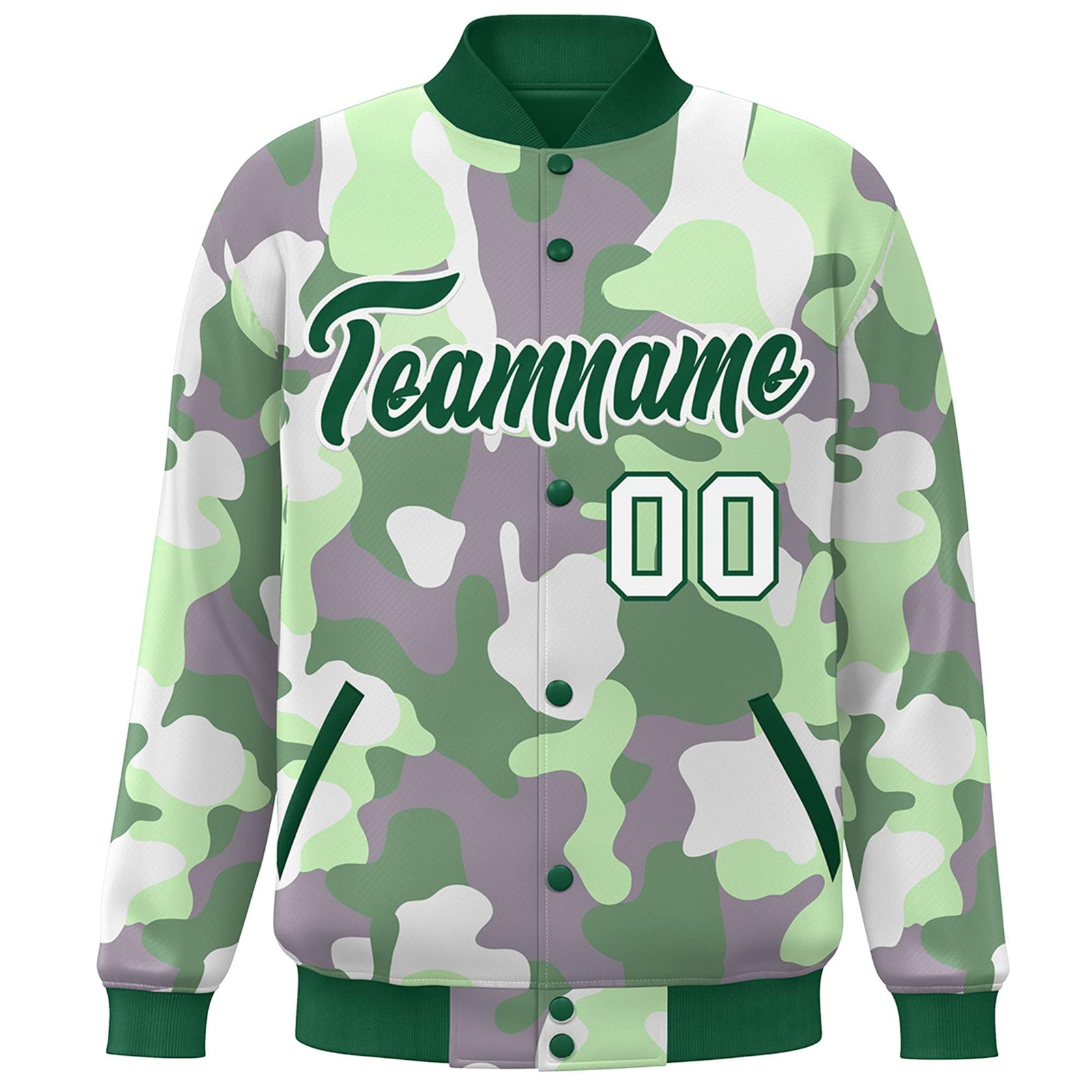 Custom Green White Camo Varsity Full-Snap Letterman Bomber Jacket