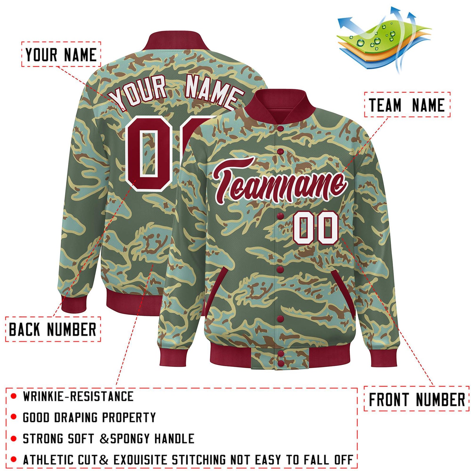 Custom Crimson White Camo Varsity Full-Snap Letterman Bomber Jacket
