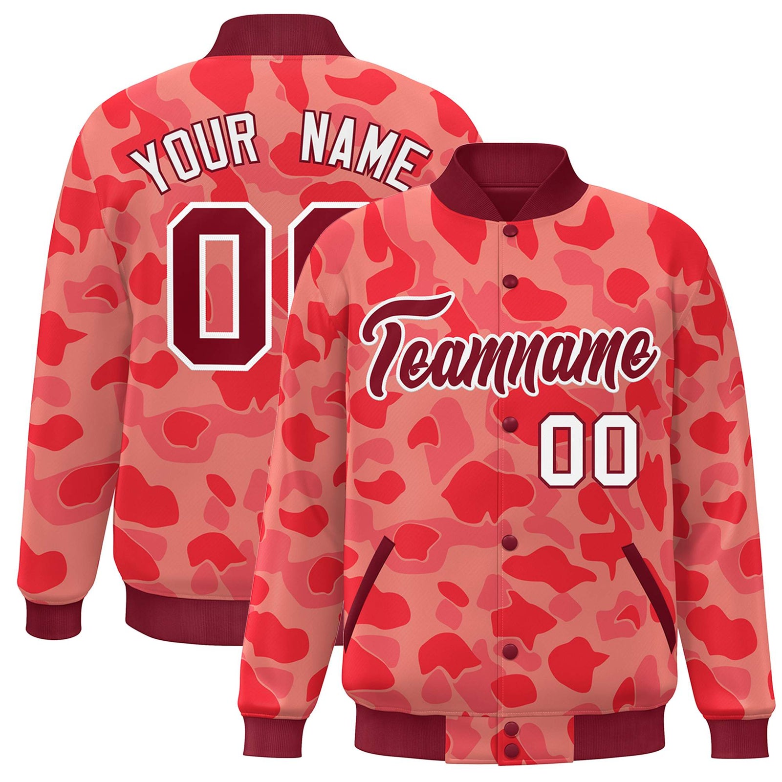 Custom Crimson White Camo Varsity Full-Snap Letterman Bomber Jacket