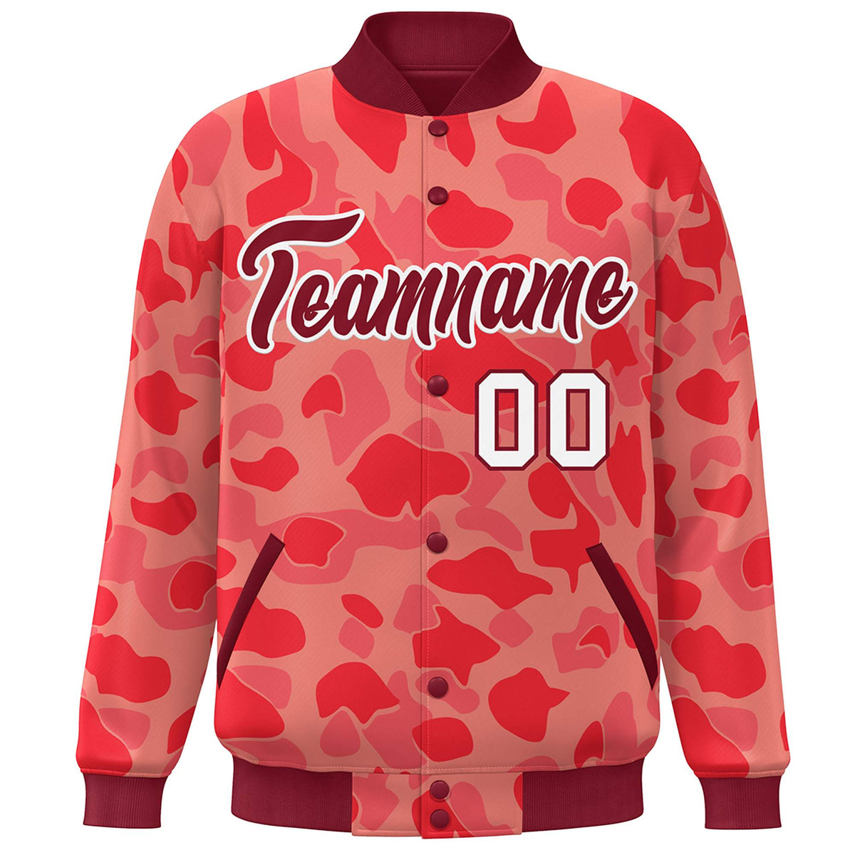 Custom Crimson White Camo Varsity Full-Snap Letterman Bomber Jacket