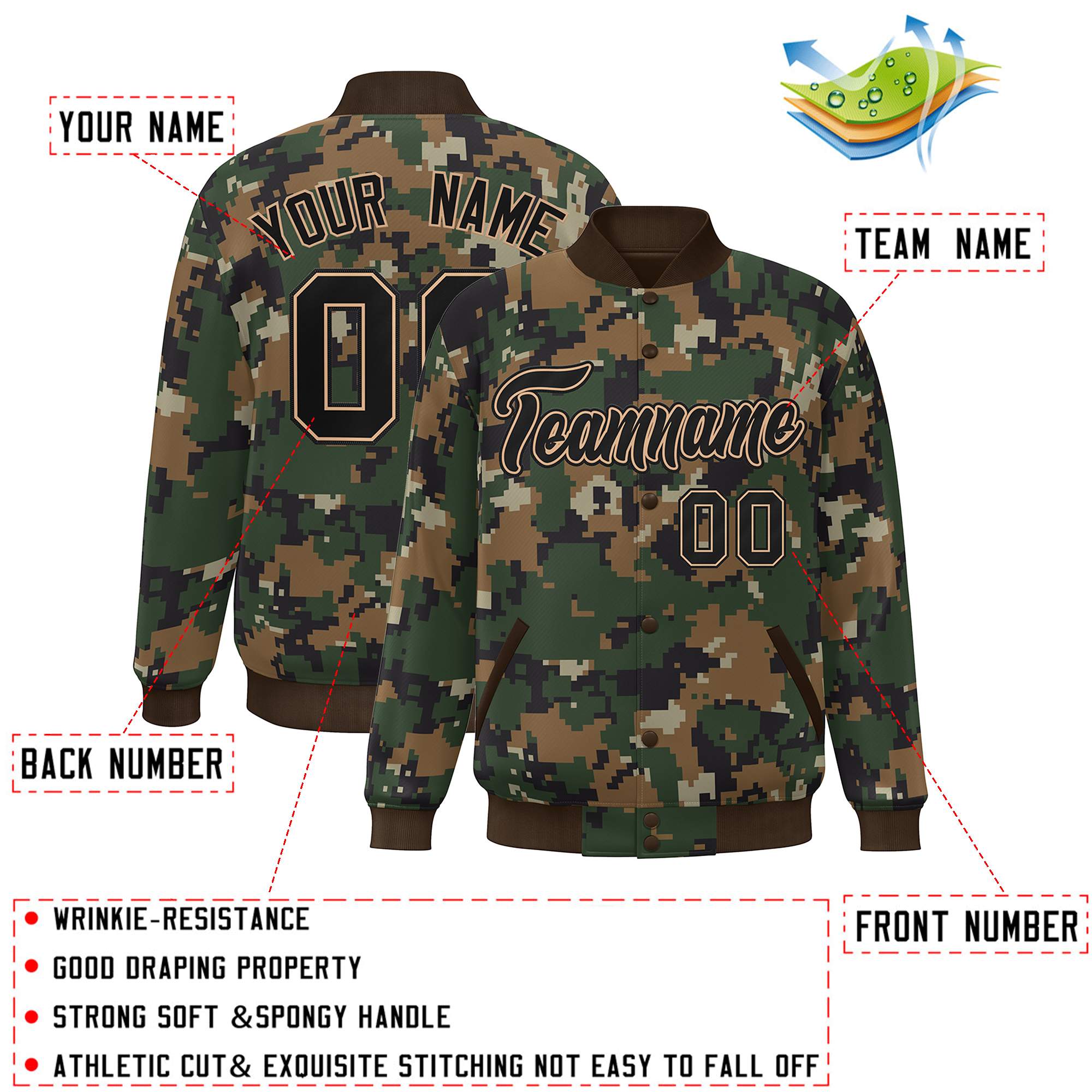 Custom Brown Black Camo Varsity Full-Snap Letterman Bomber Jacket