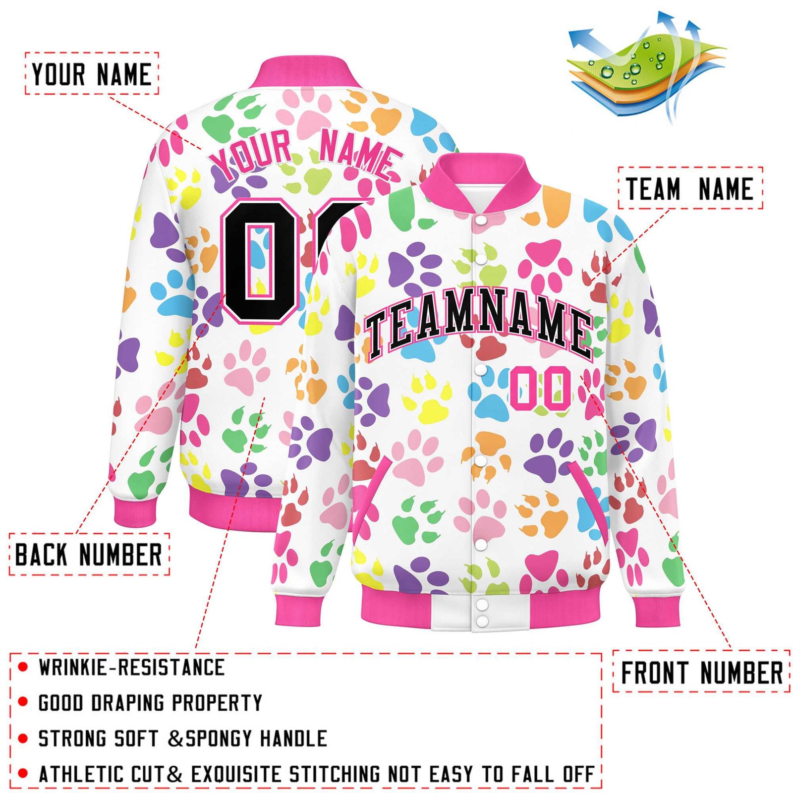 Custom White Black-Pink Varsity Pets Paw Prints Graffiti Pattern Letterman Baseball Jacket