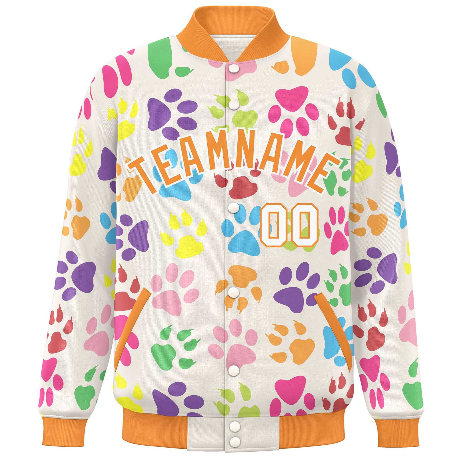 Custom Cream Orange-White Varsity Pets Paw Prints Graffiti Pattern Letterman Baseball Jacket