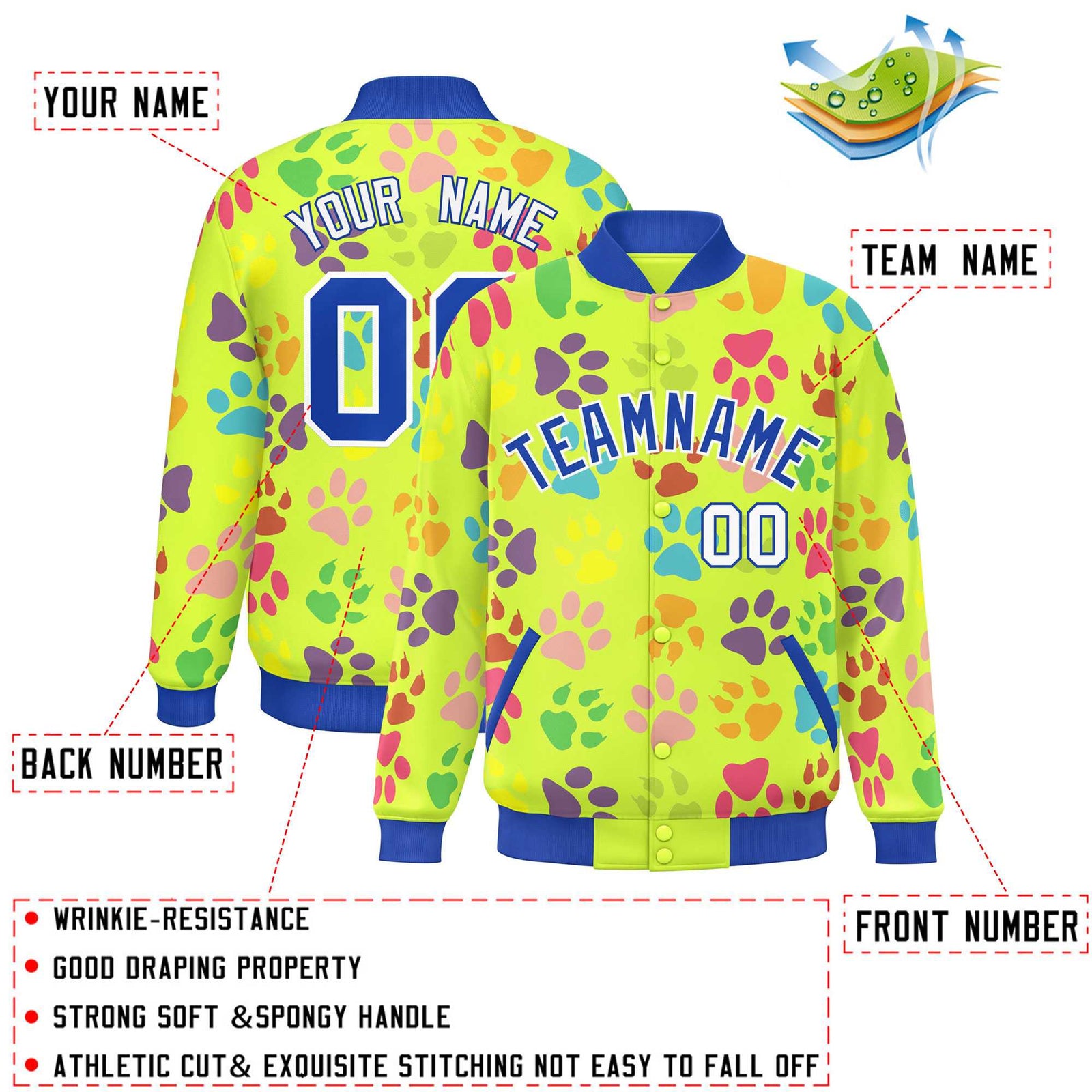 Custom Neon Green Royal-White Varsity Pets Paw Prints Graffiti Pattern Letterman Baseball Jacket