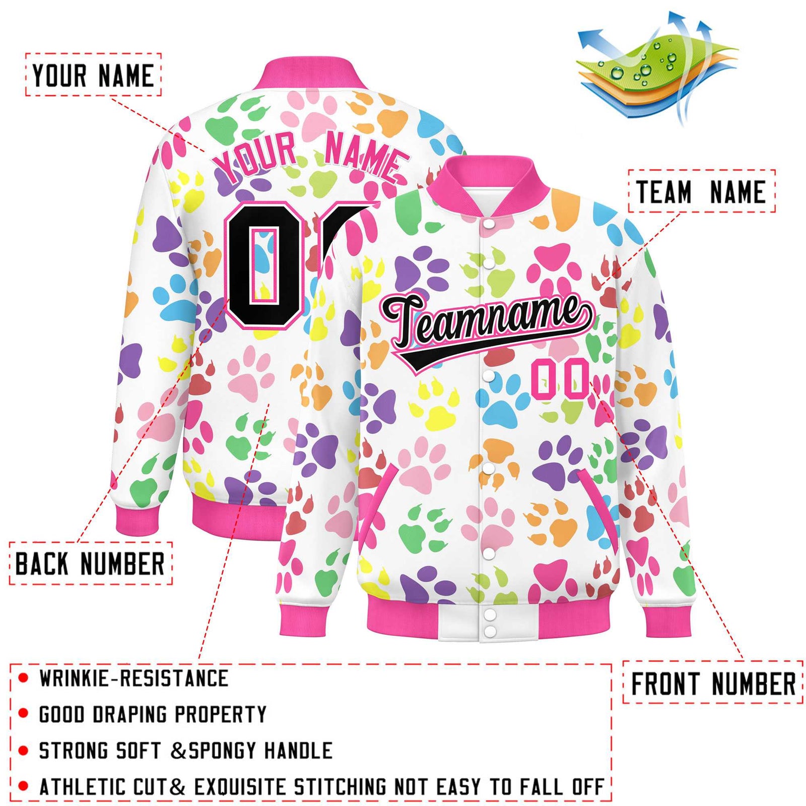Custom White Black-Pink Varsity Pets Paw Prints Graffiti Pattern Letterman Baseball Jacket