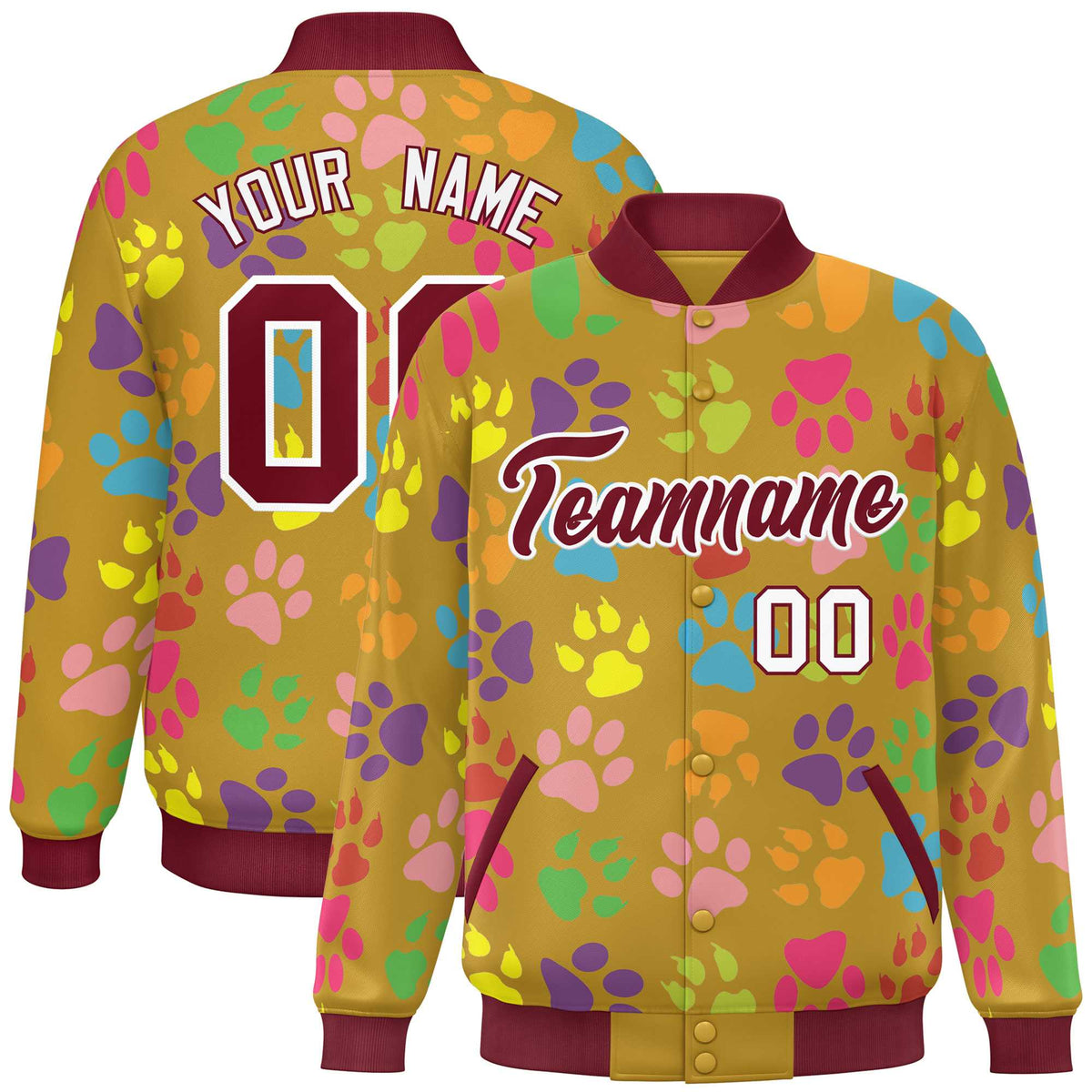 Custom Old Gold Crimson-White Varsity Pets Paw Prints Graffiti Pattern Letterman Baseball Jacket
